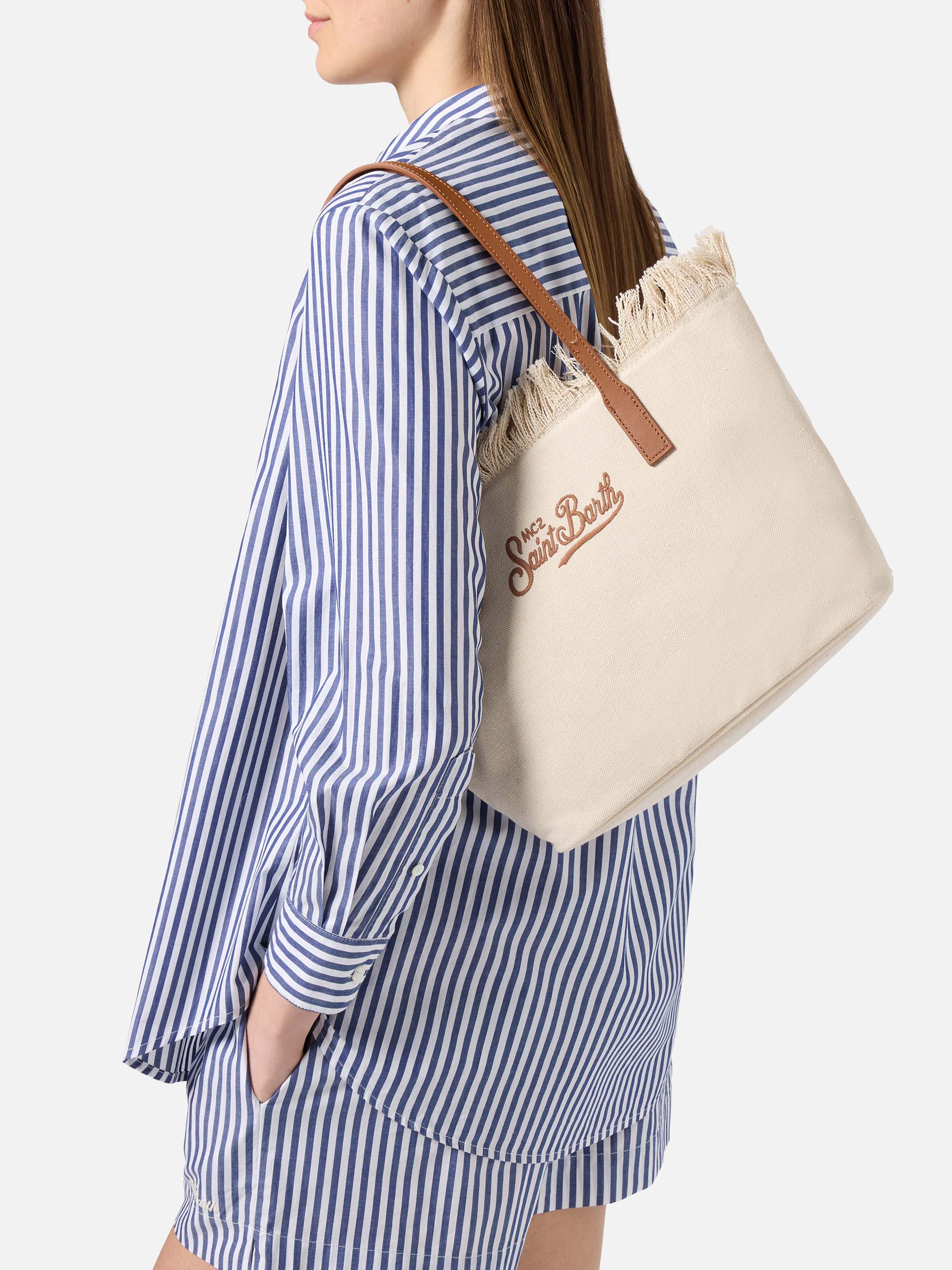 Bolso shopper City mediano blanco de lona con flecos