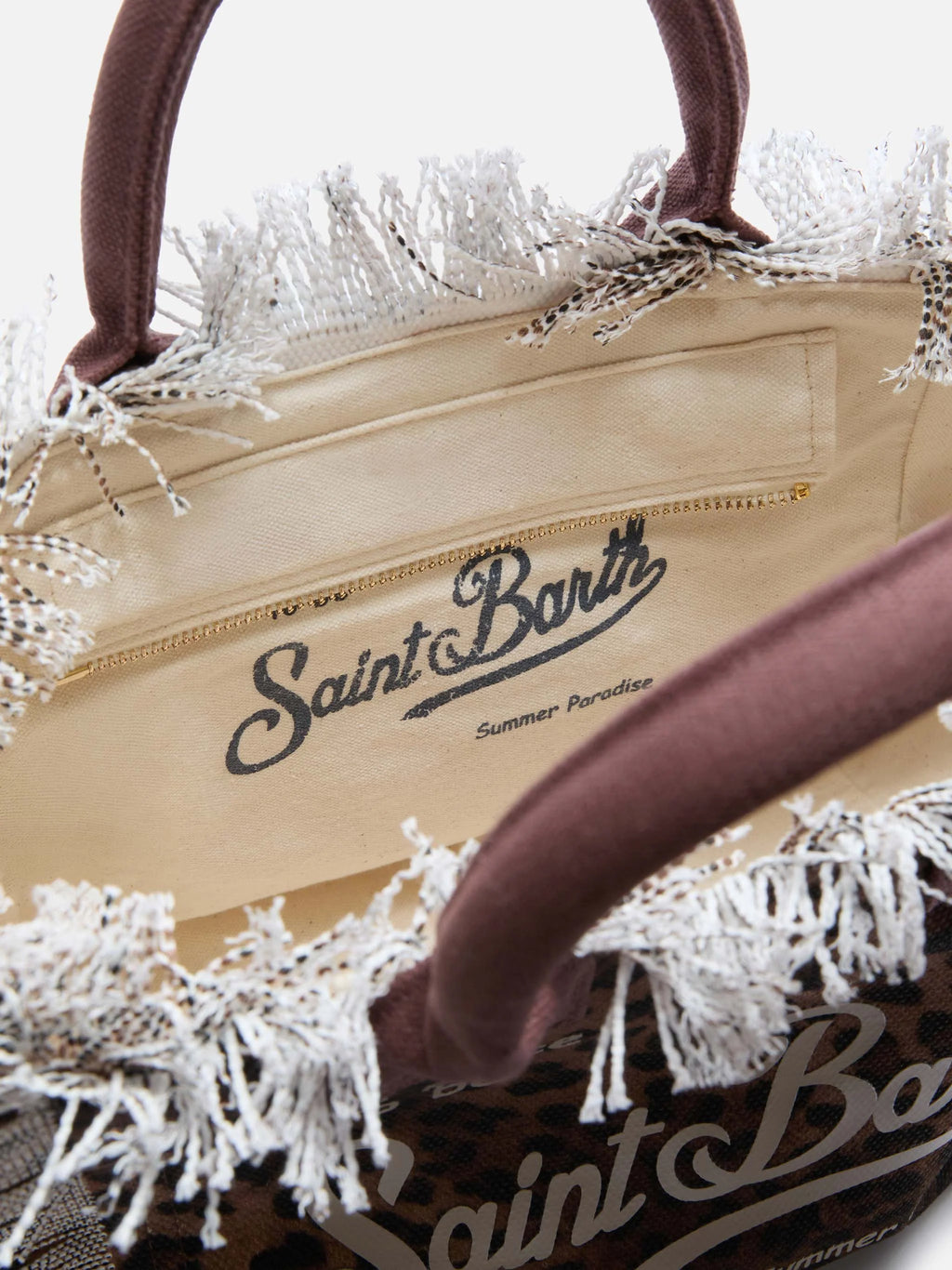 Bolso Vanity de tamaño regular, estampado leopardo en lona, con flecos.