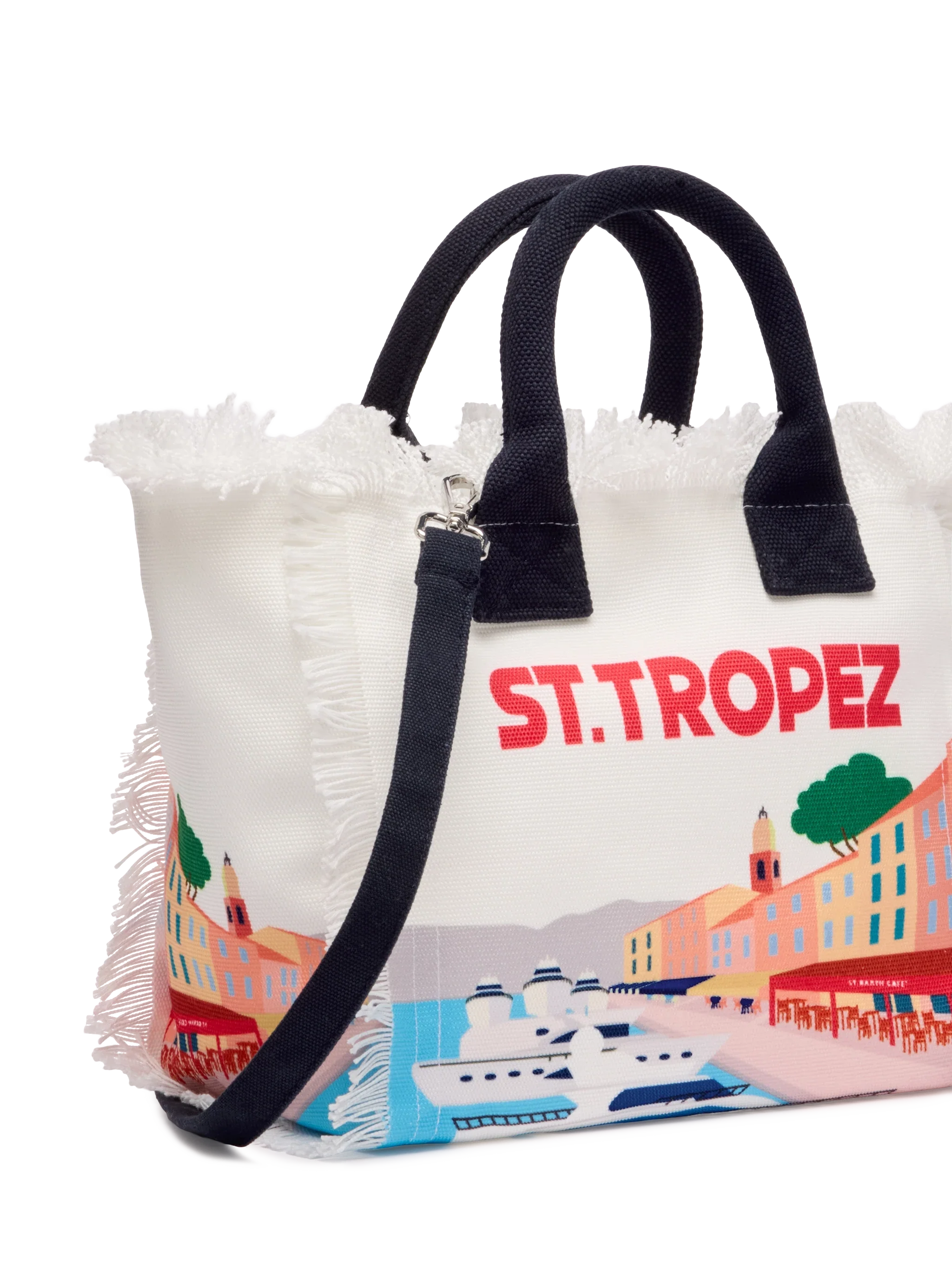 Bolso Colette de lona de algodón con estampado de tarjeta postal de St. Tropez