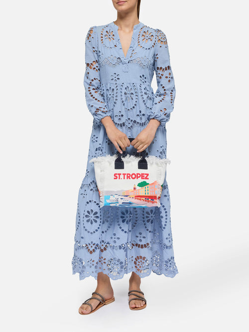 Bolso Colette de lona de algodón con estampado de tarjeta postal de St. Tropez