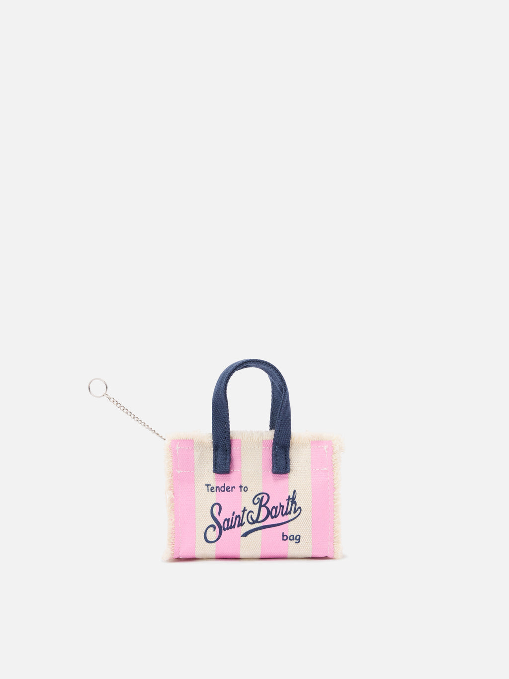 Llavero con forma de mini bolso de tela a rayas con logotipo bordado