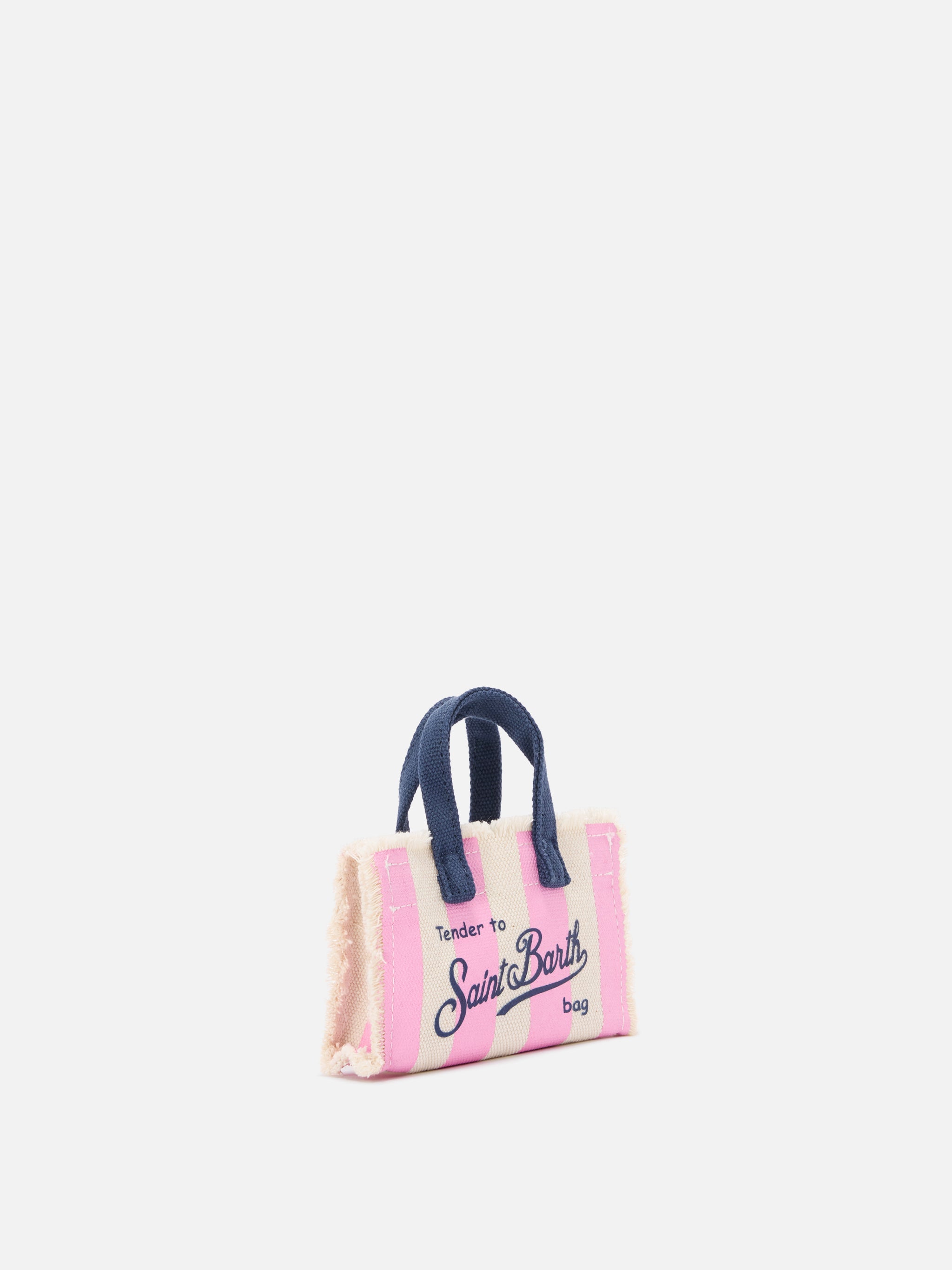 Llavero con forma de mini bolso de tela a rayas con logotipo bordado