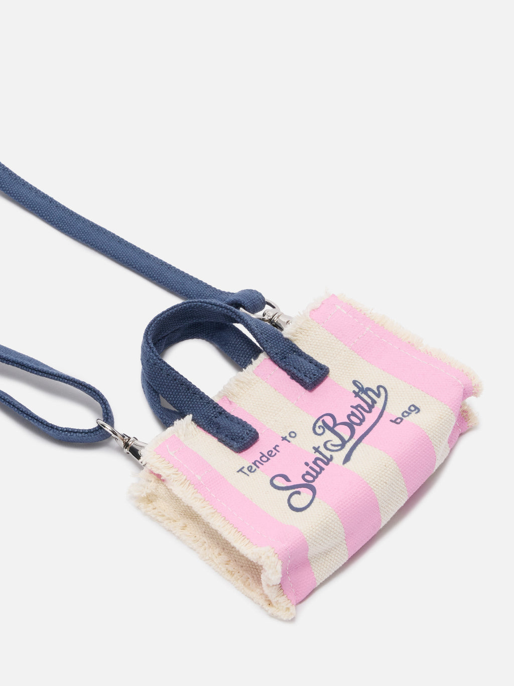 Llavero con forma de mini bolso de tela a rayas con logotipo bordado