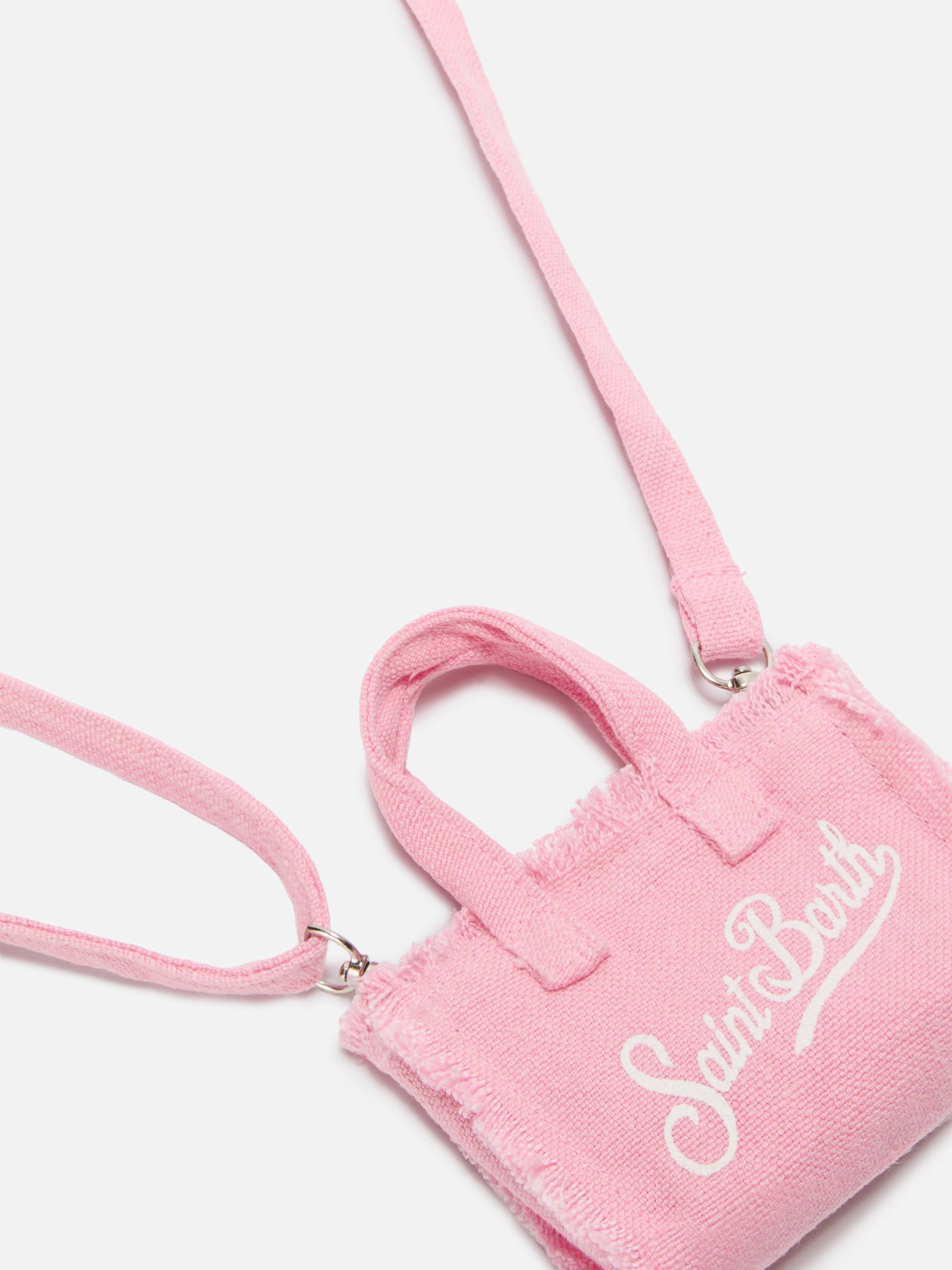 Llavero con forma de mini bolso de lino rosa con logotipo impreso