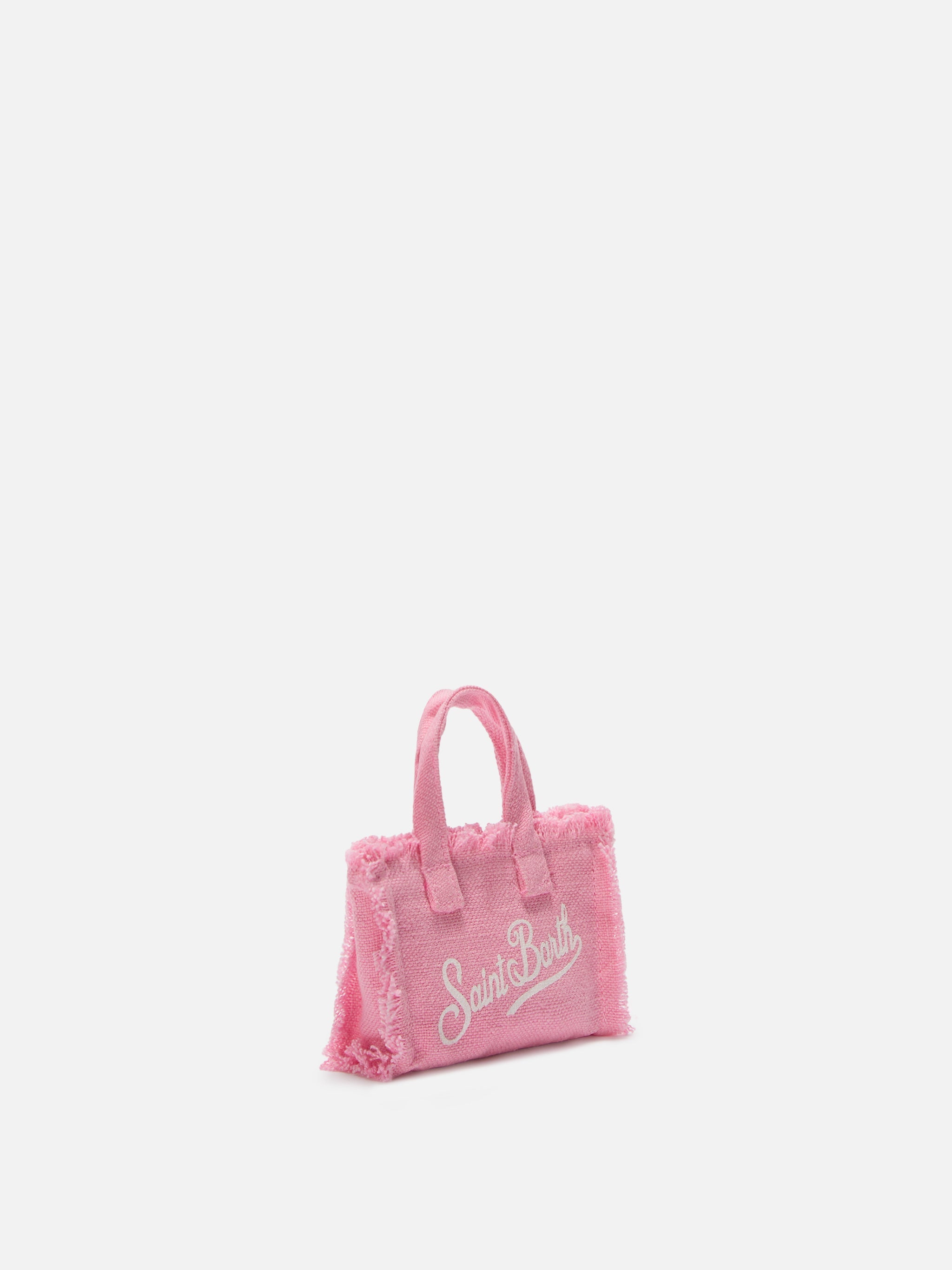 Llavero con forma de mini bolso de lino rosa con logotipo impreso