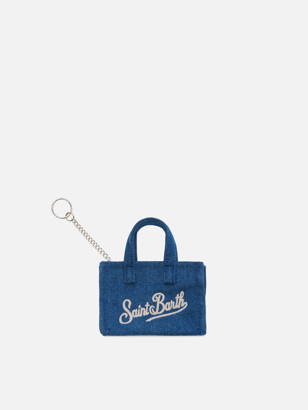 Llavero en forma de mini bolso de denim con logotipo impreso