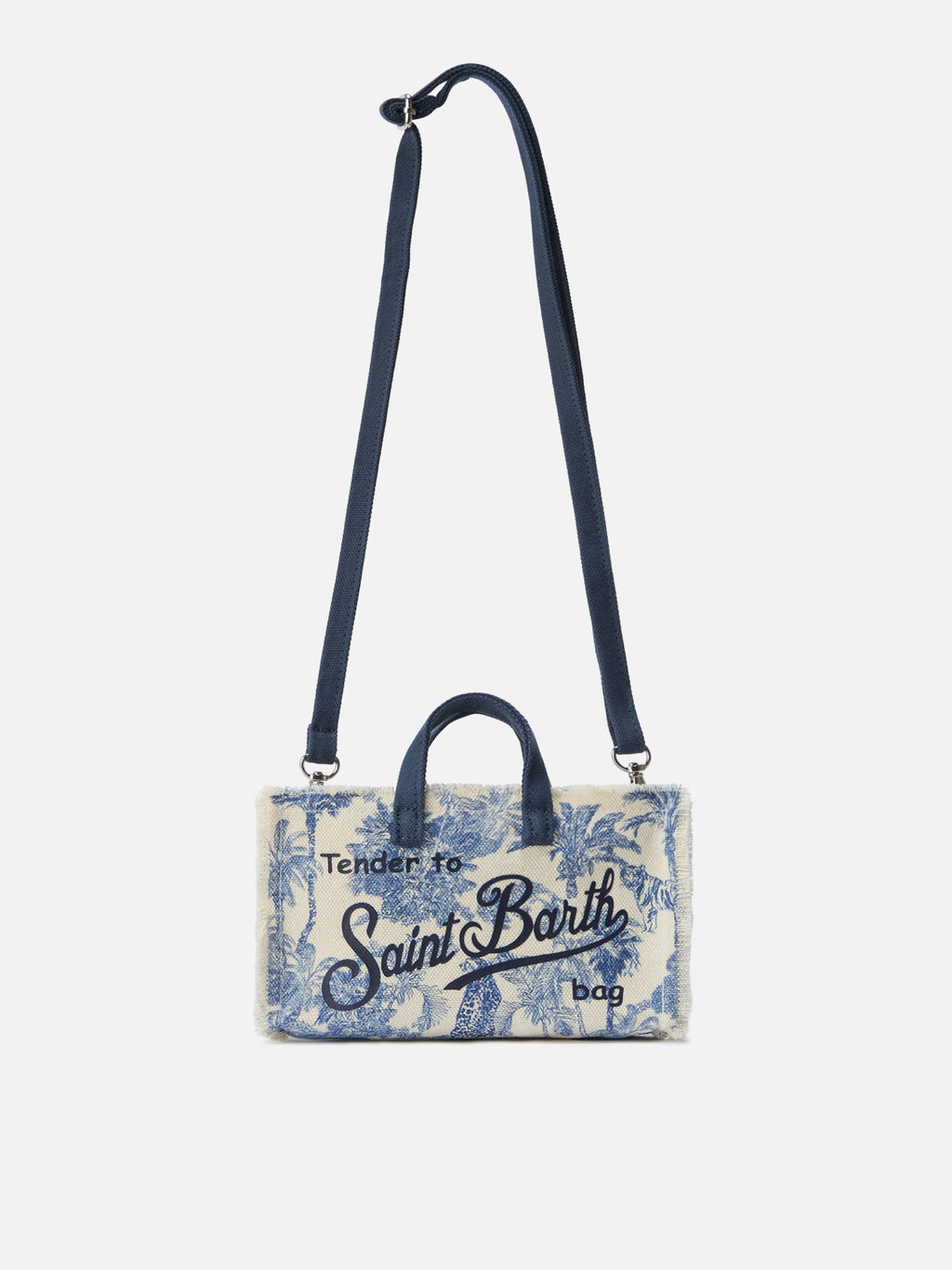 Bolso micro para teléfono de lona con estampado toile de jouy azul y logo en contraste