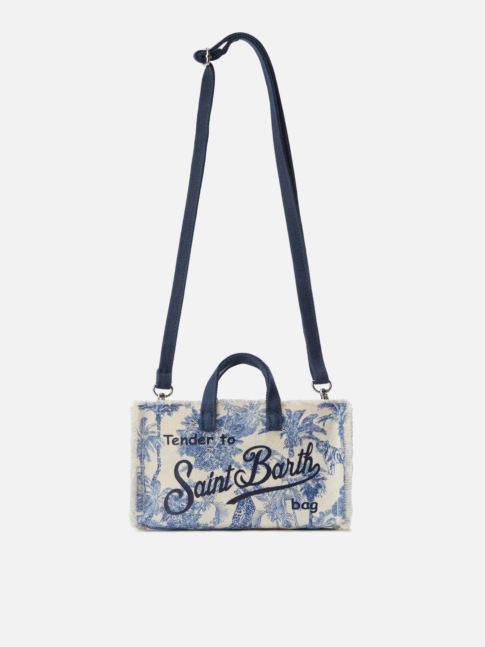 Bolso micro para teléfono de lona con estampado toile de jouy azul y logo en contraste