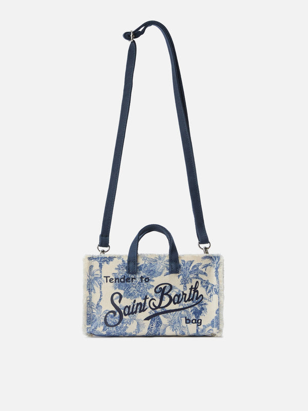 Bolso micro para teléfono de lona con estampado toile de jouy azul y logo en contraste