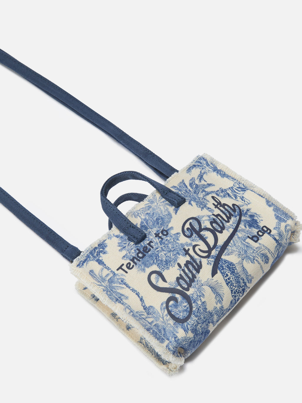 Bolso micro para teléfono de lona con estampado toile de jouy azul y logo en contraste