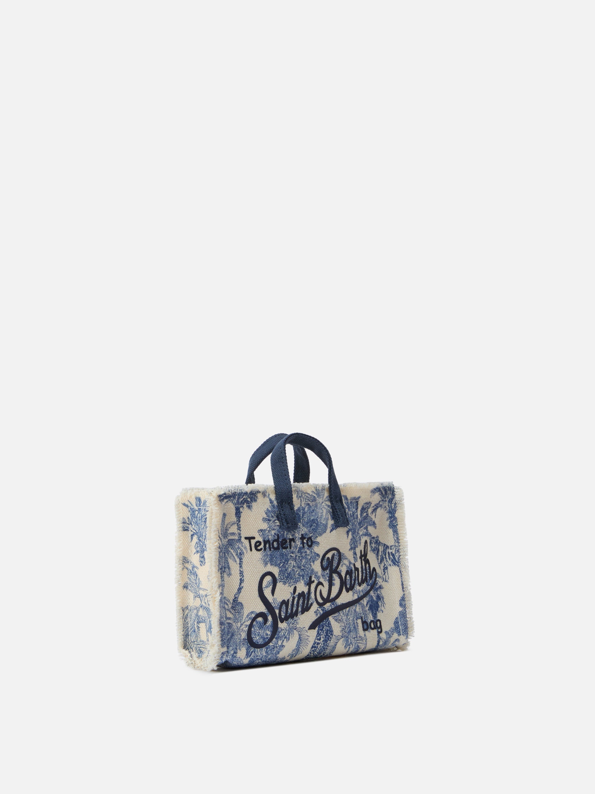 Bolso micro para teléfono de lona con estampado toile de jouy azul y logo en contraste
