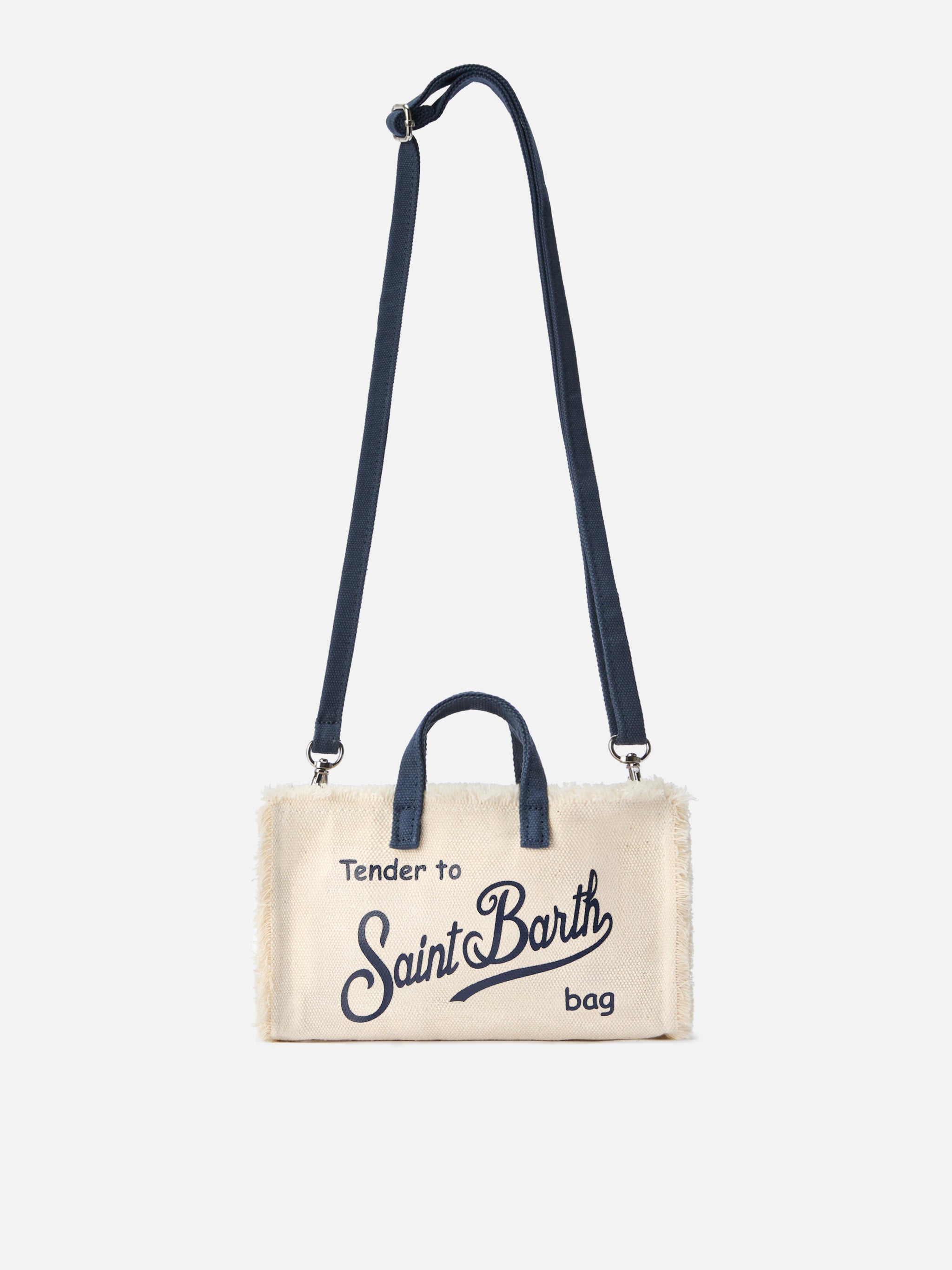 Bolso micro para teléfono en lona blanca con detalles azules y logotipo en contraste