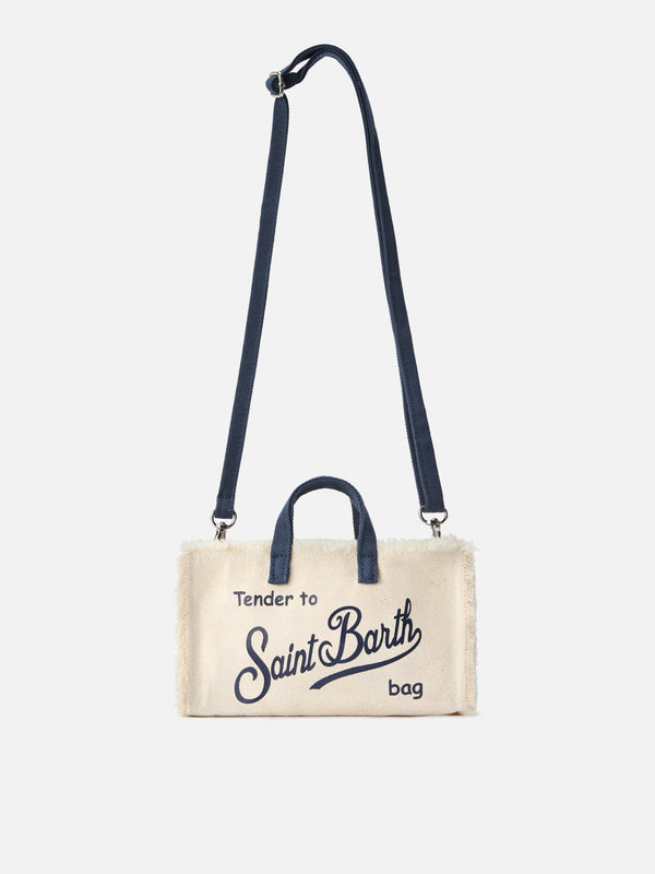 Bolso micro para teléfono en lona blanca con detalles azules y logotipo en contraste