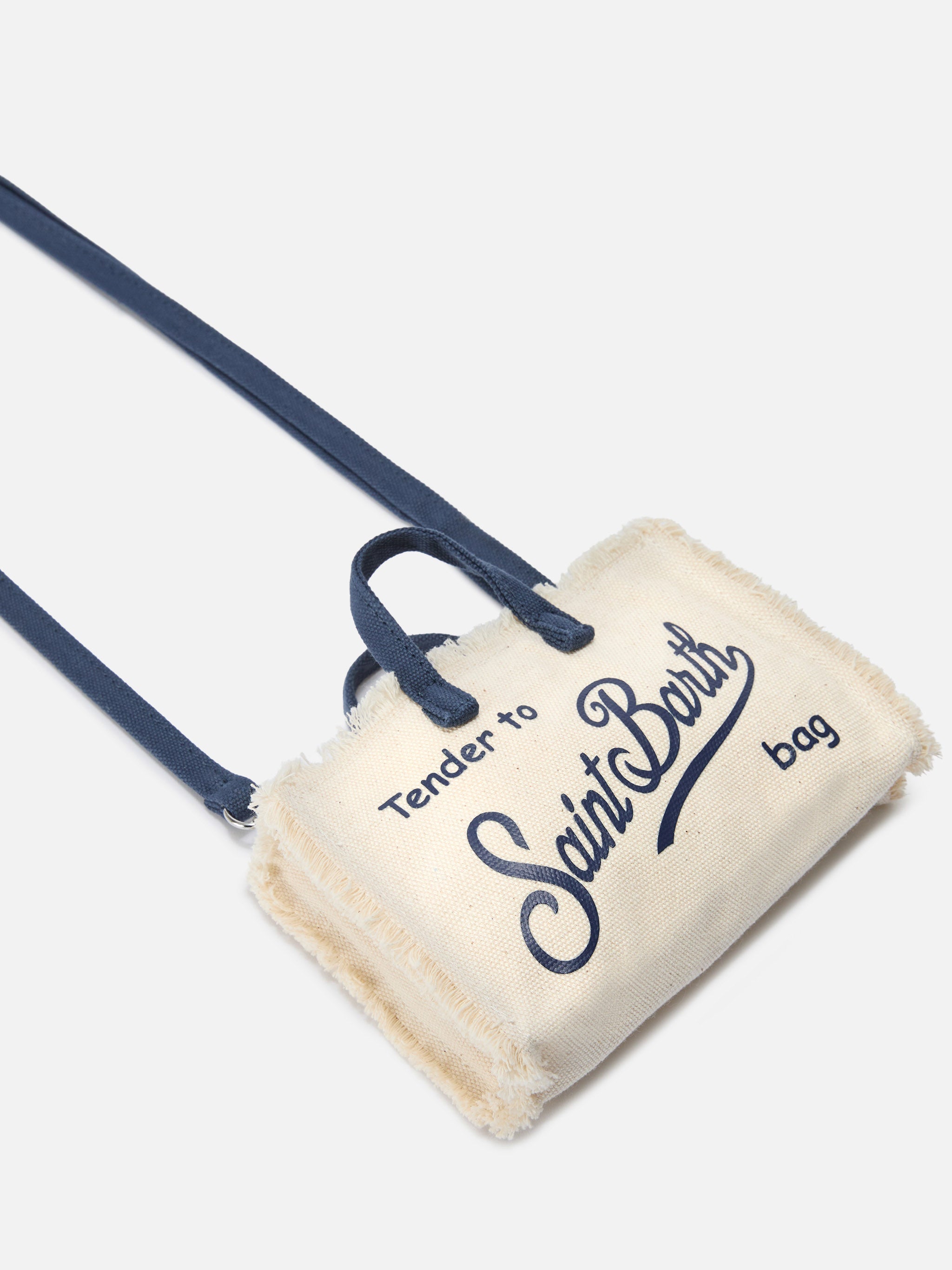 Bolso micro para teléfono en lona blanca con detalles azules y logotipo en contraste