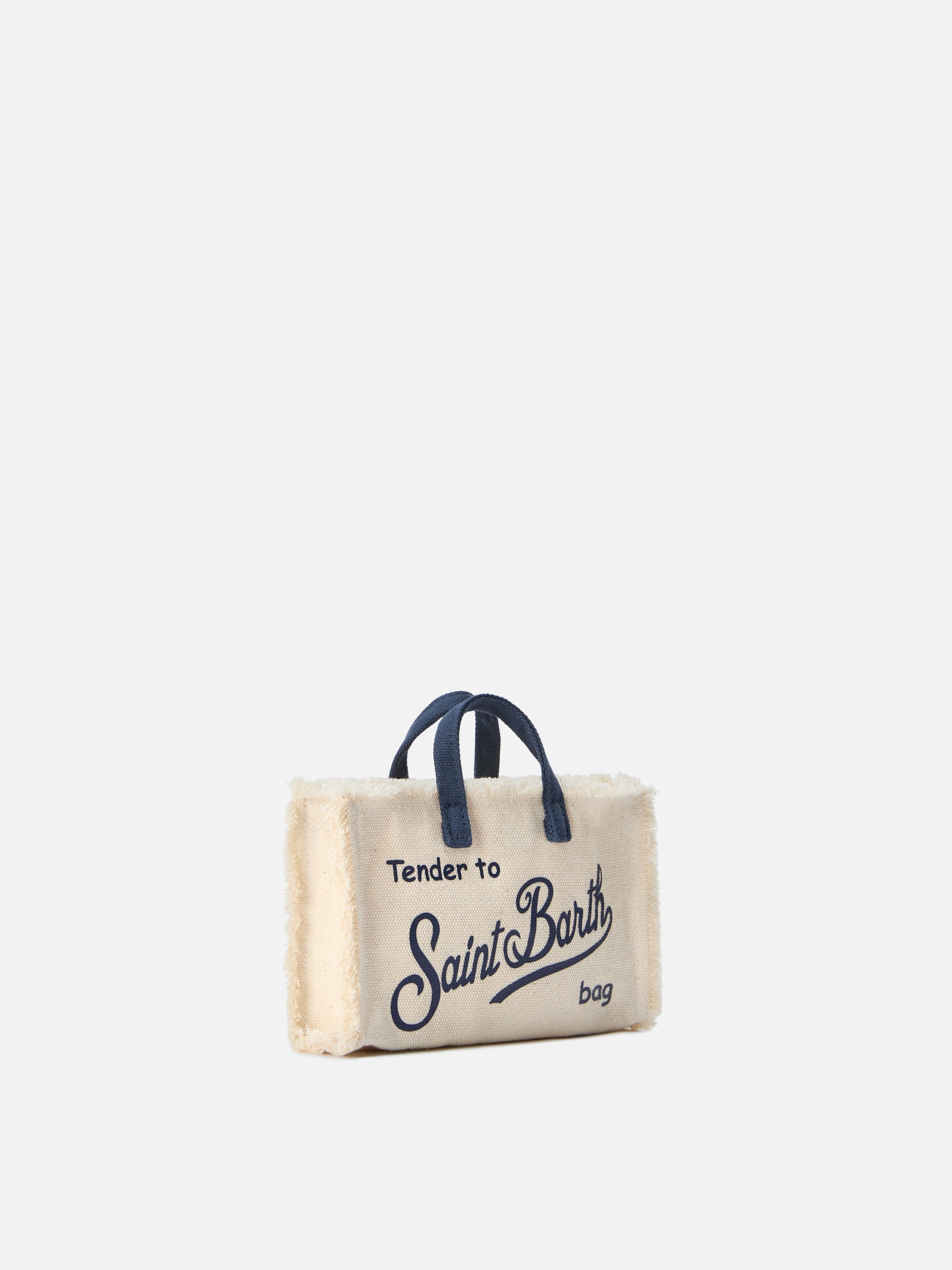 Bolso micro para teléfono en lona blanca con detalles azules y logotipo en contraste