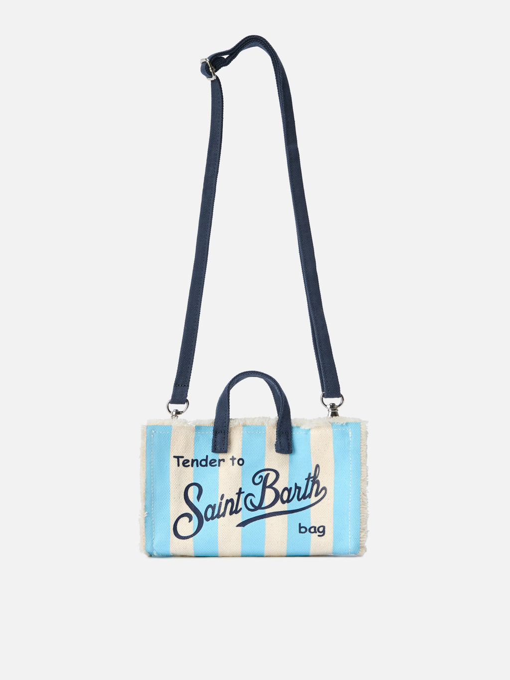 Bolso Phone micro de lona a rayas blancas y azules con logo en contraste