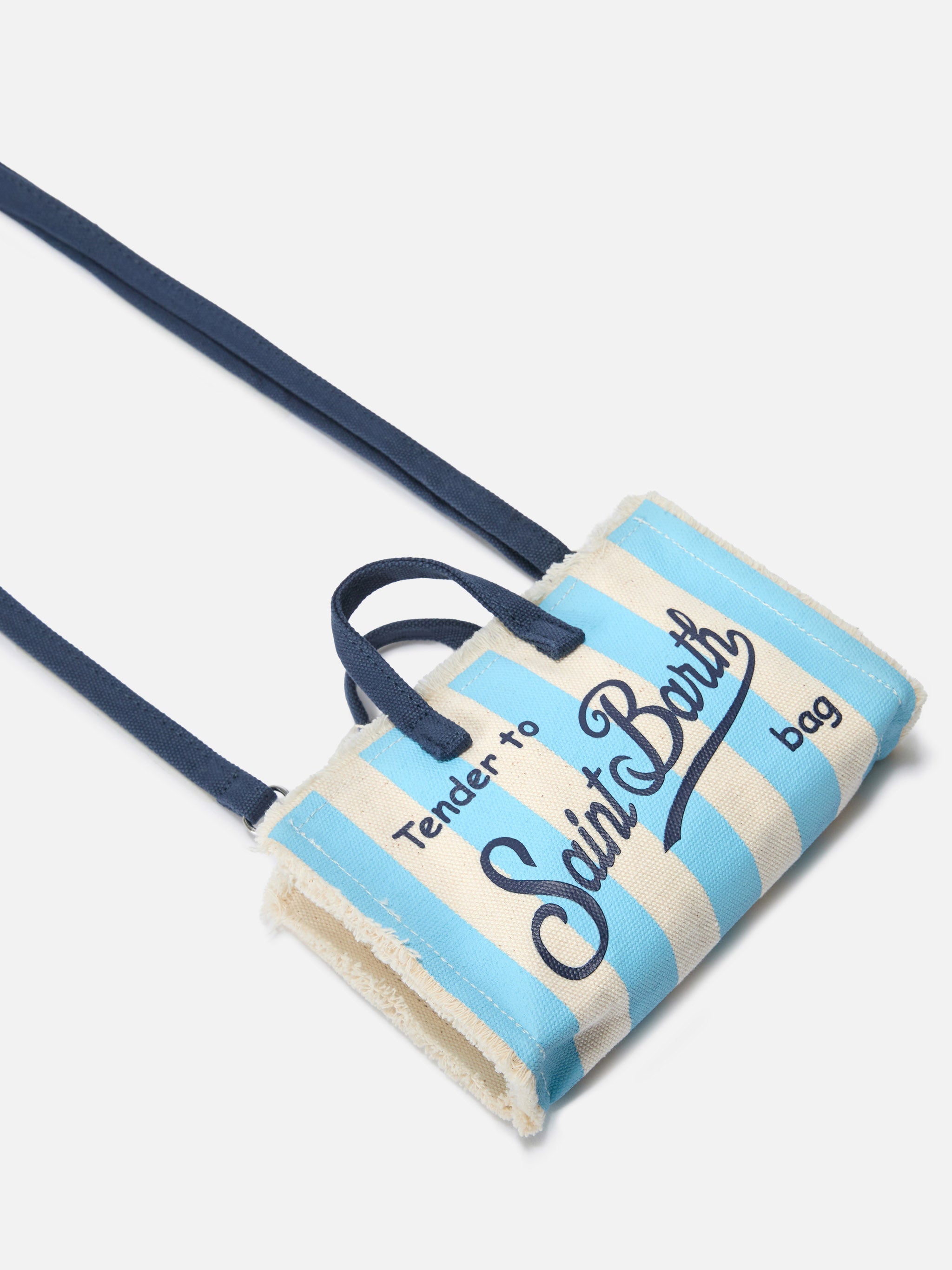 Bolso Phone micro de lona a rayas blancas y azules con logo en contraste