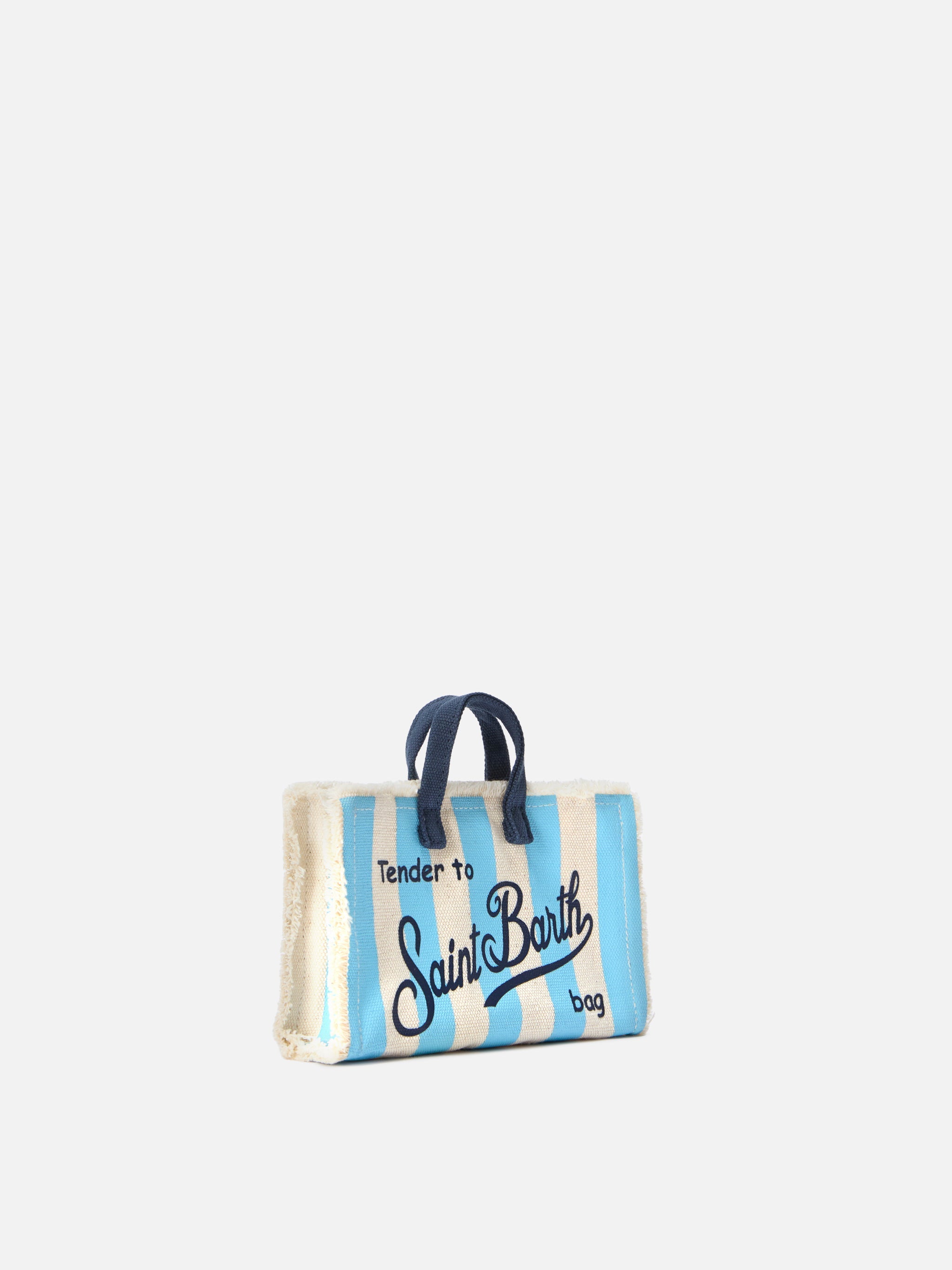 Bolso Phone micro de lona a rayas blancas y azules con logo en contraste