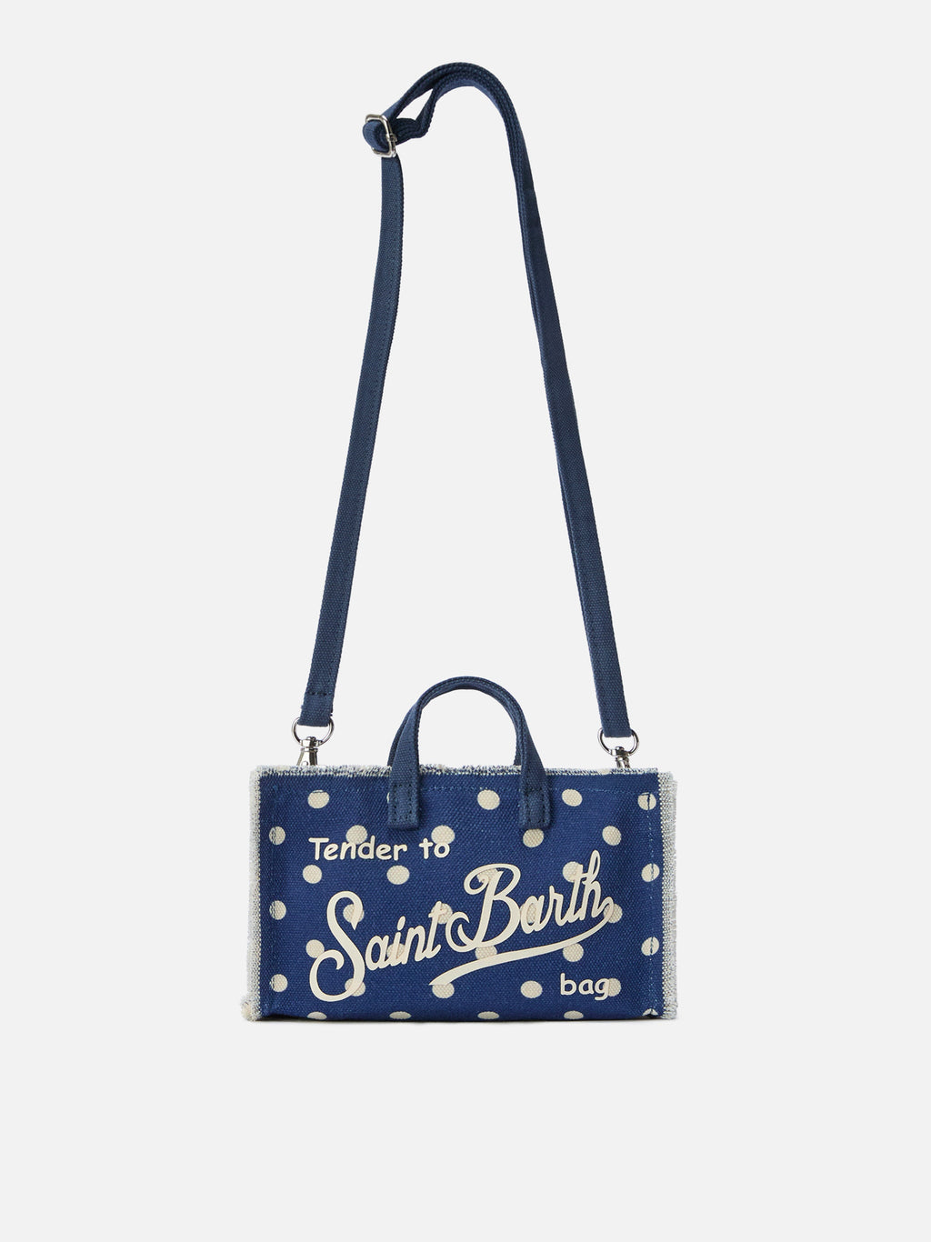 Bolso para teléfono micro de lona azul con lunares y logo en contraste