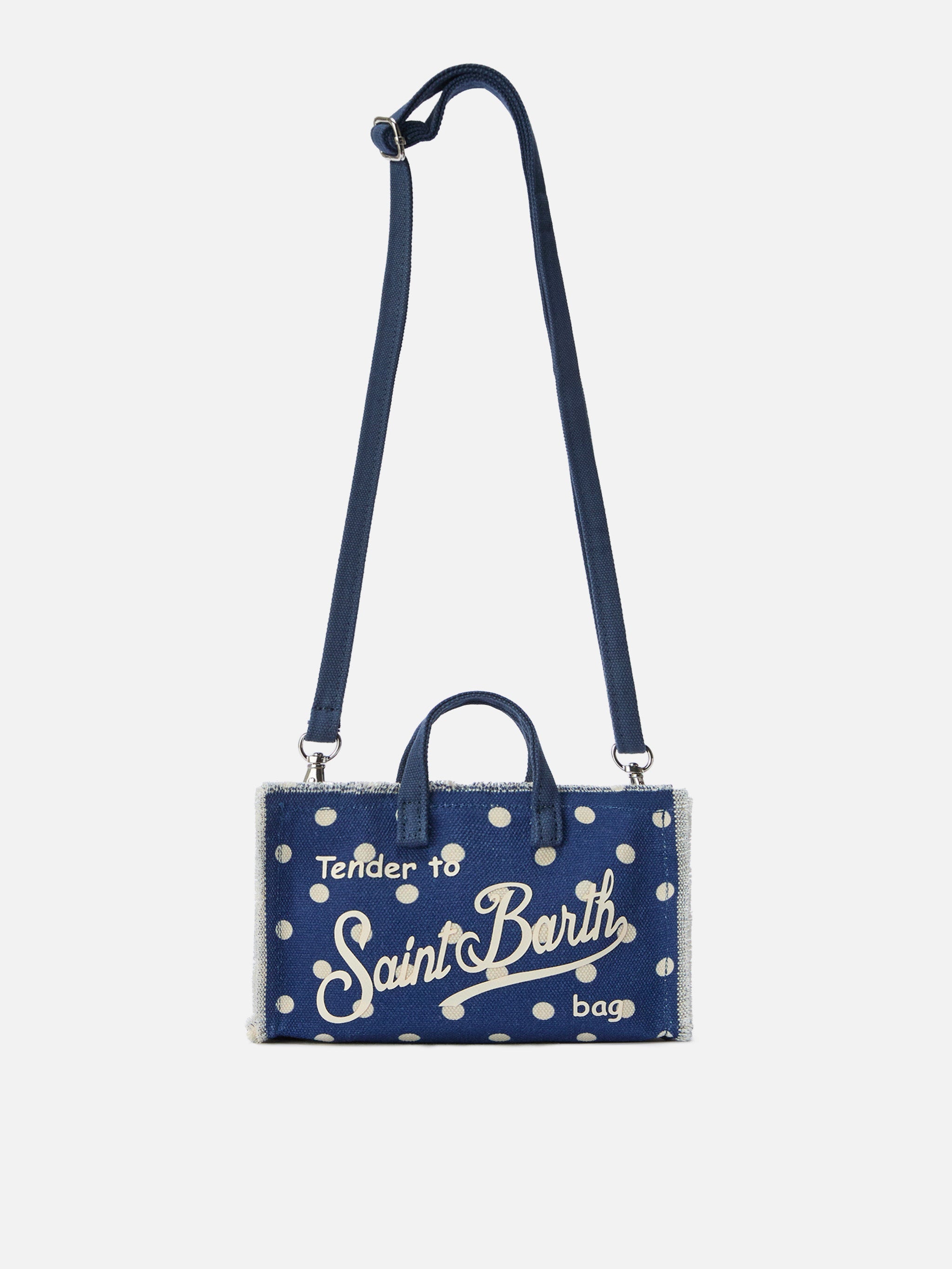 Bolso para teléfono micro de lona azul con lunares y logo en contraste