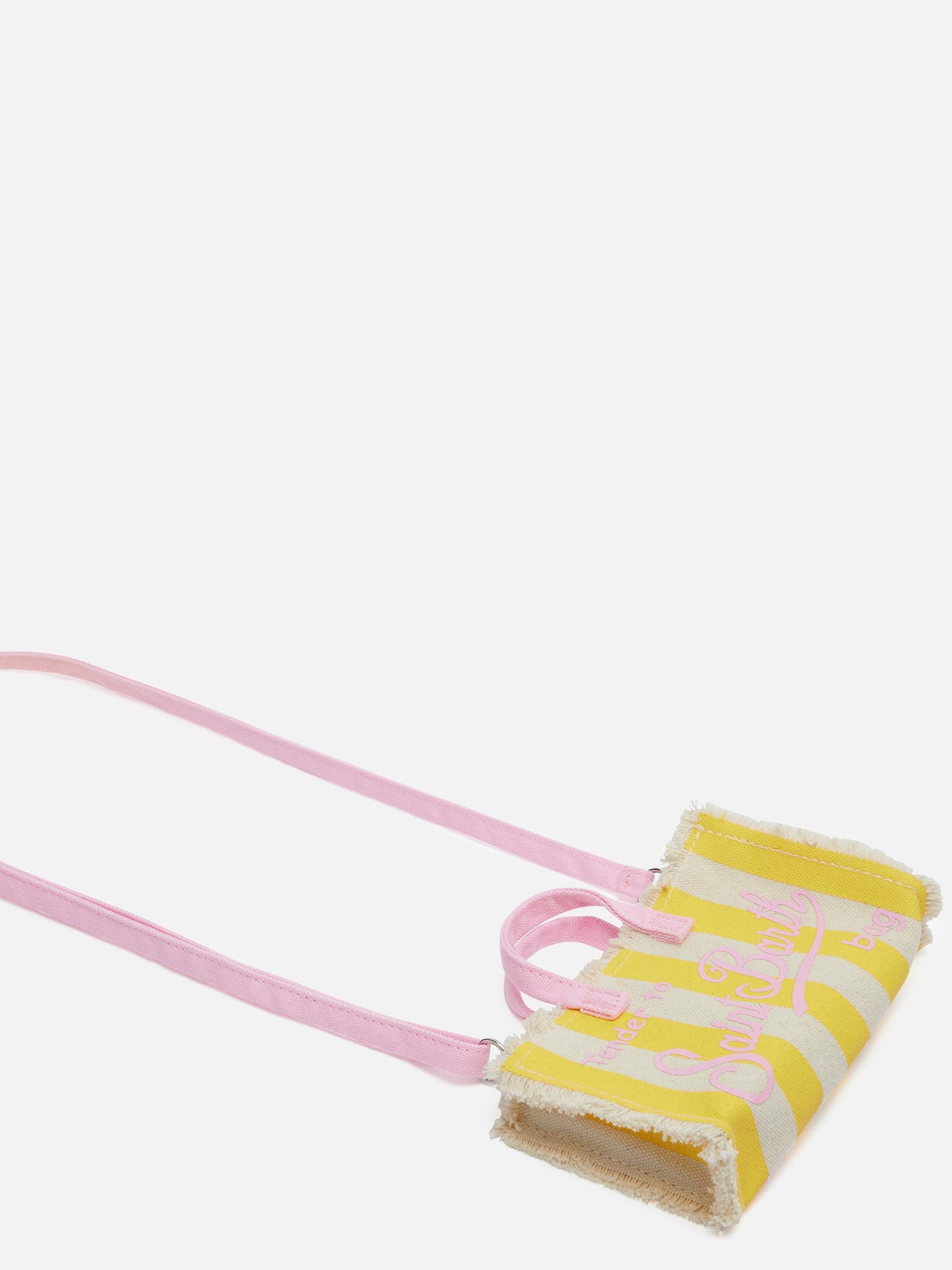 Bolso para teléfono en lona de algodón con estampado de rayas amarillas