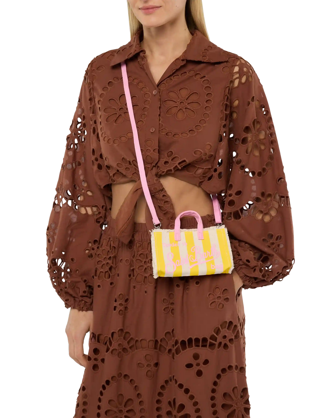 Bolso para teléfono en lona de algodón con estampado de rayas amarillas
