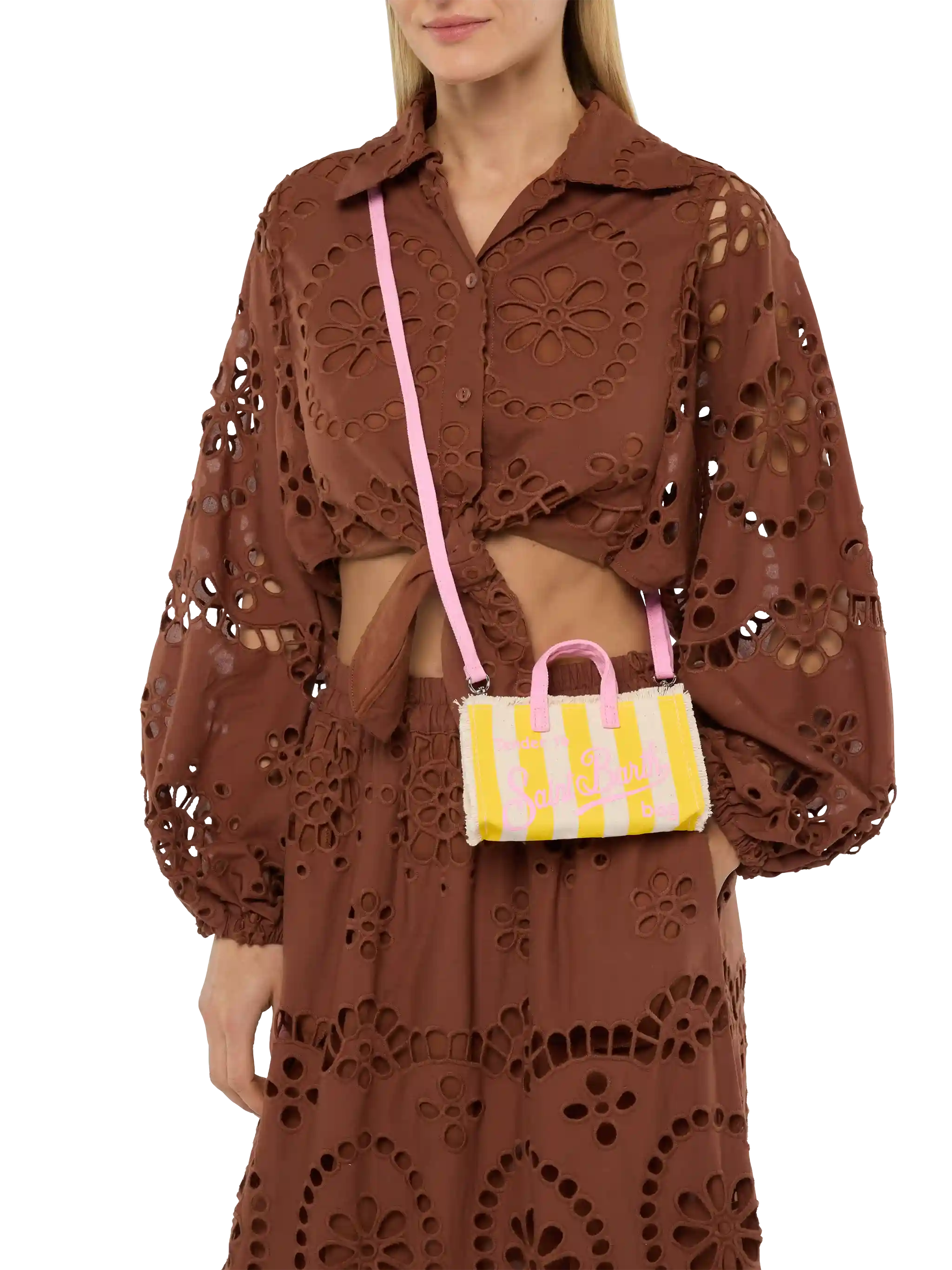 Bolso para teléfono en lona de algodón con estampado de rayas amarillas