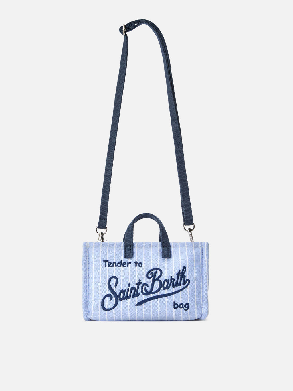 Bolso para teléfono móvil en lona con rayas blancas y azules y logo en contraste