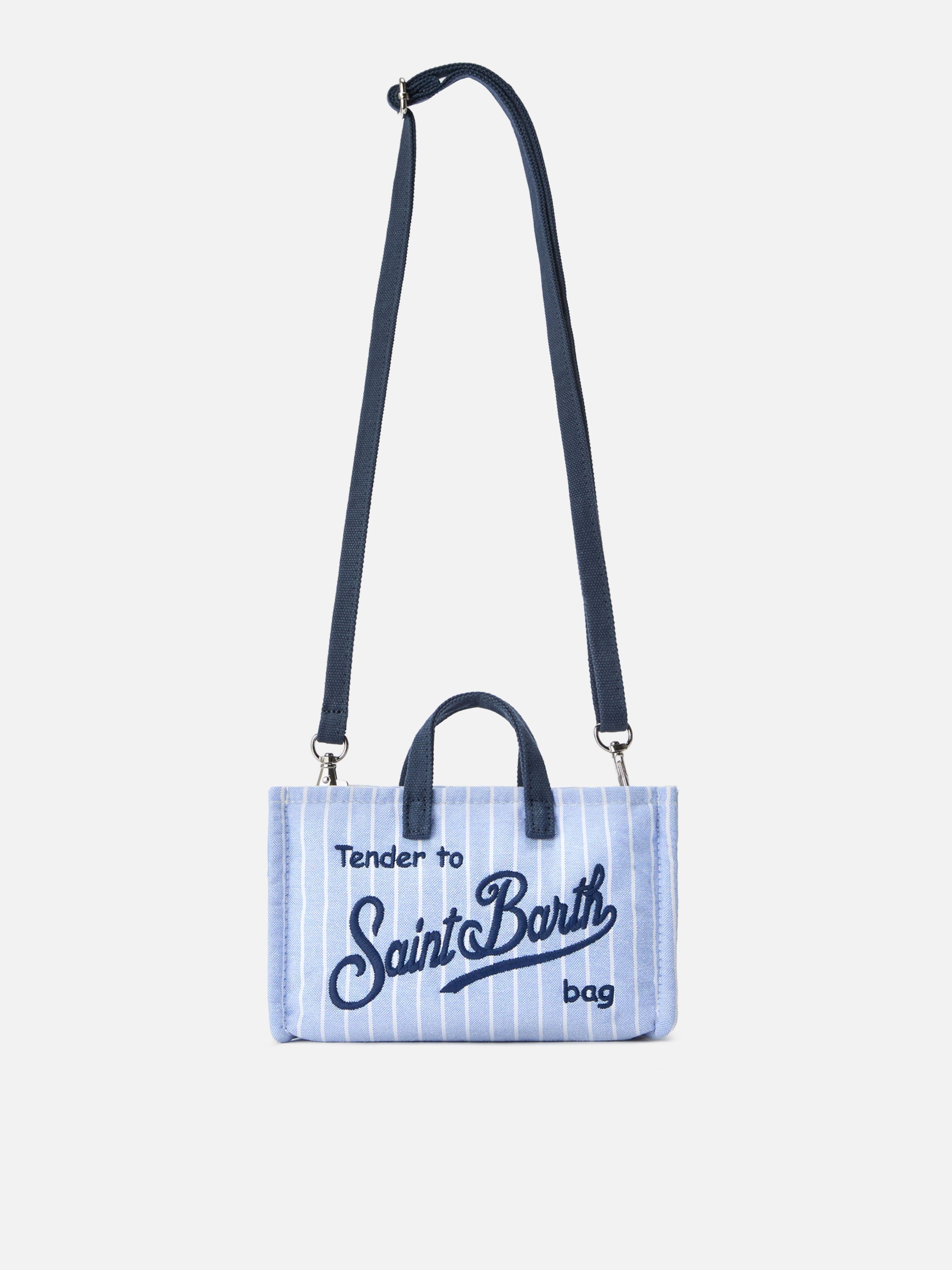 Bolso para teléfono móvil en lona con rayas blancas y azules y logo en contraste