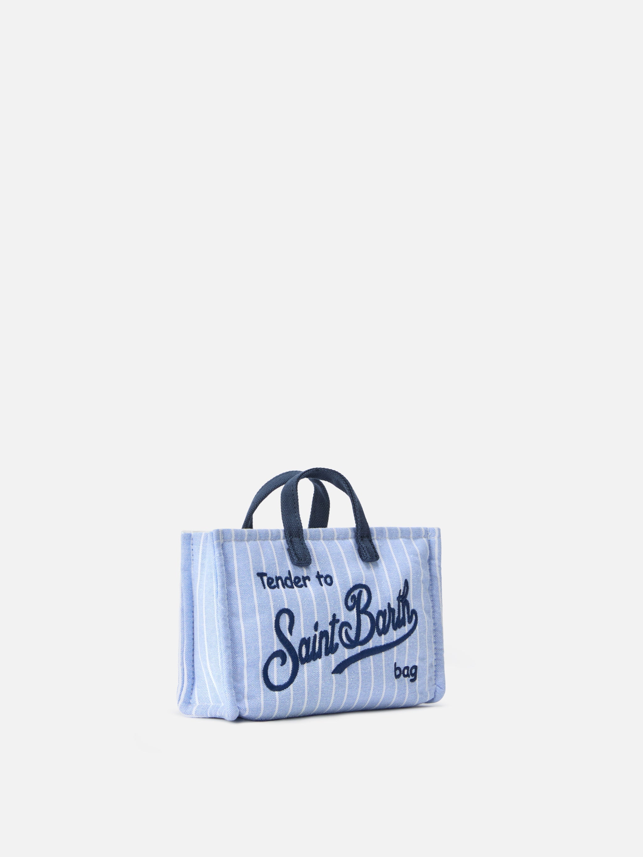 Bolso para teléfono móvil en lona con rayas blancas y azules y logo en contraste