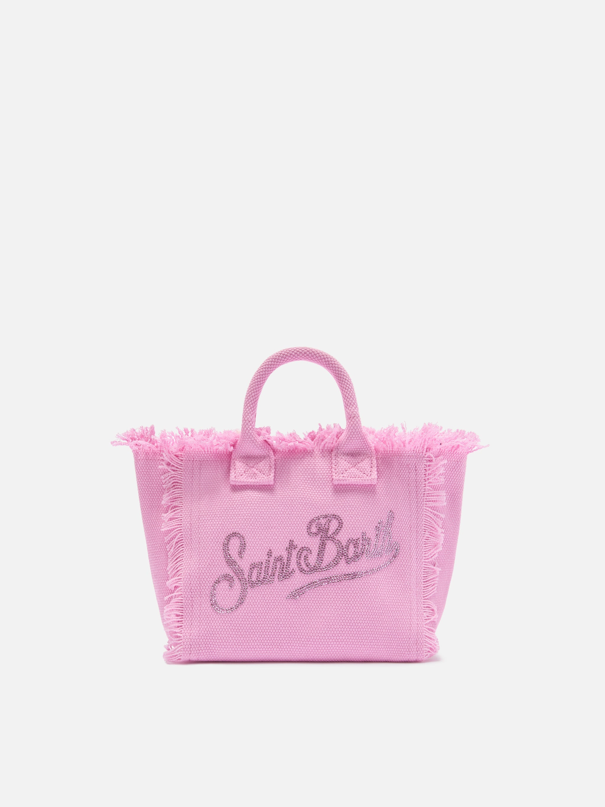 Bolso Vanity mini de lona rosa con logotipo en strass