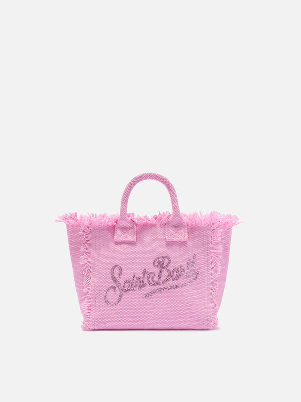 Bolso Vanity mini de lona rosa con logotipo en strass