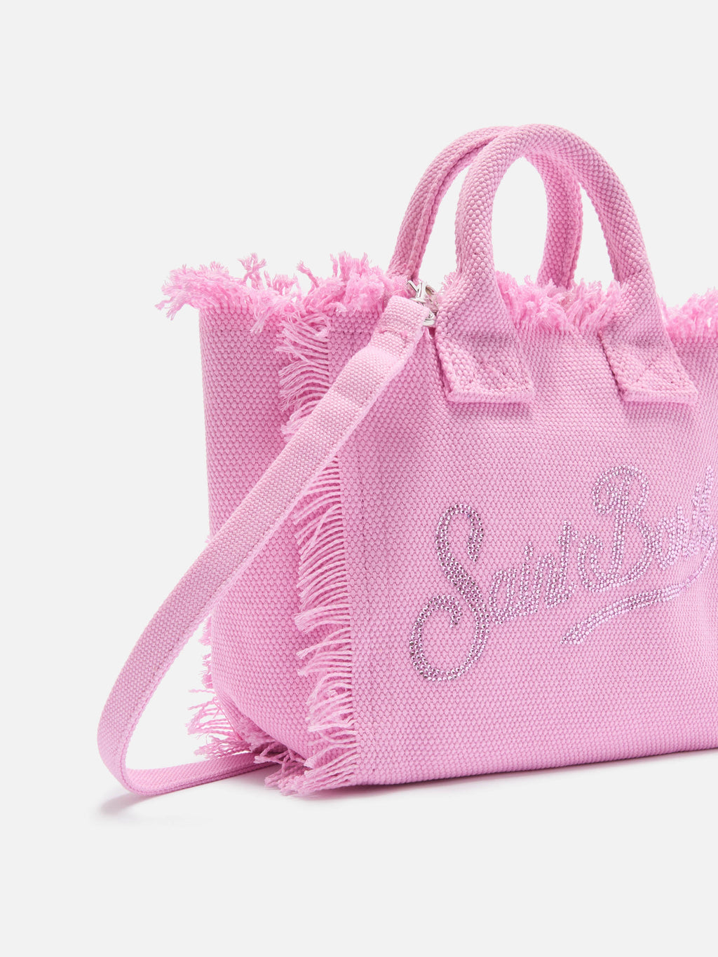 Bolso Vanity mini de lona rosa con logotipo en strass