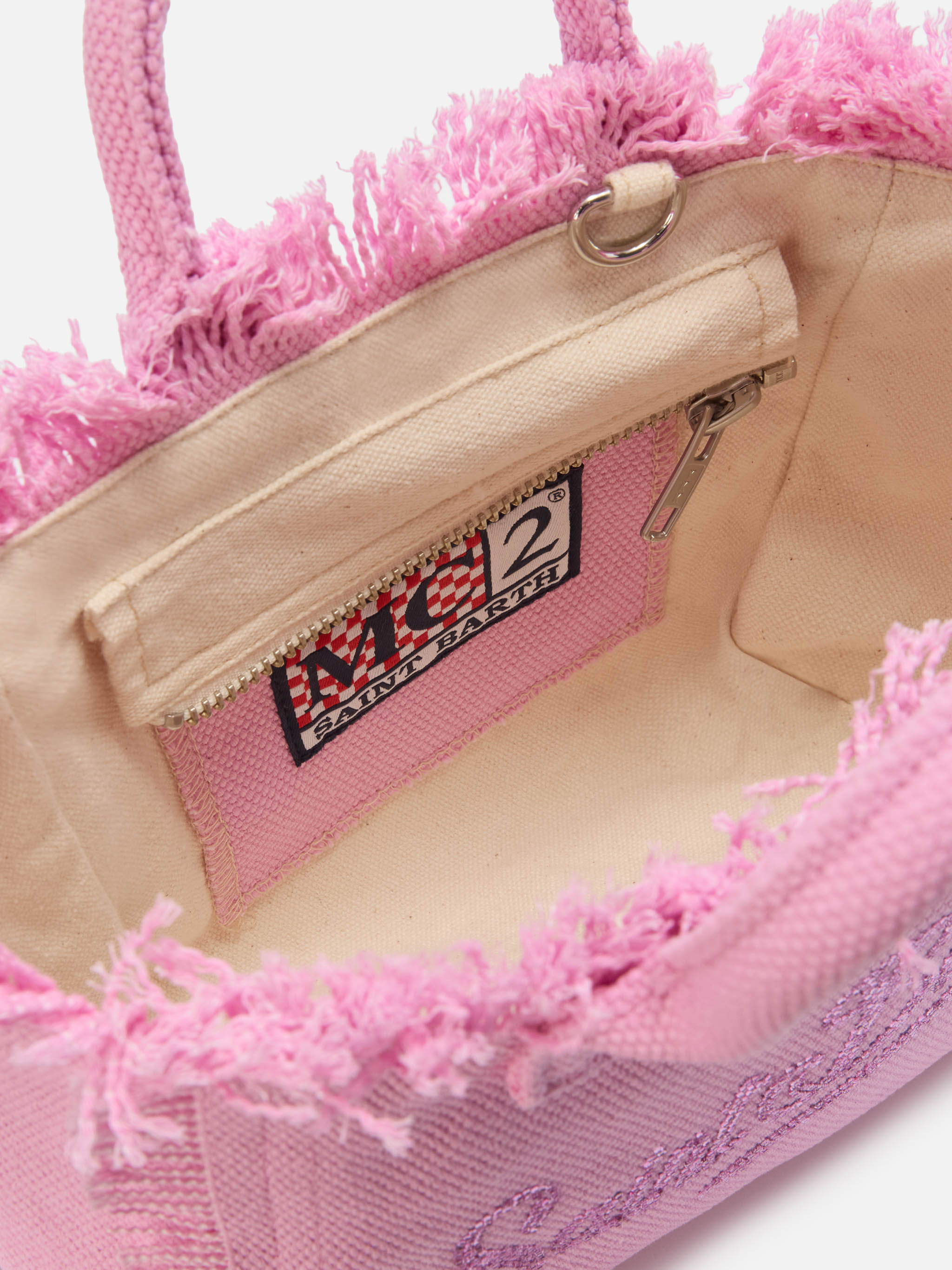 Bolso Vanity mini de lona rosa con logotipo en strass