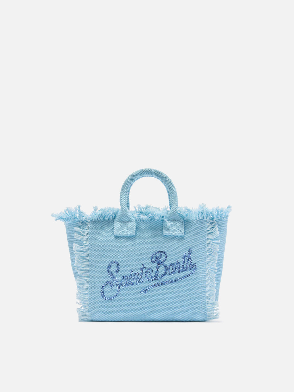 Bolso Vanity mini en lona azul con logotipo en strass