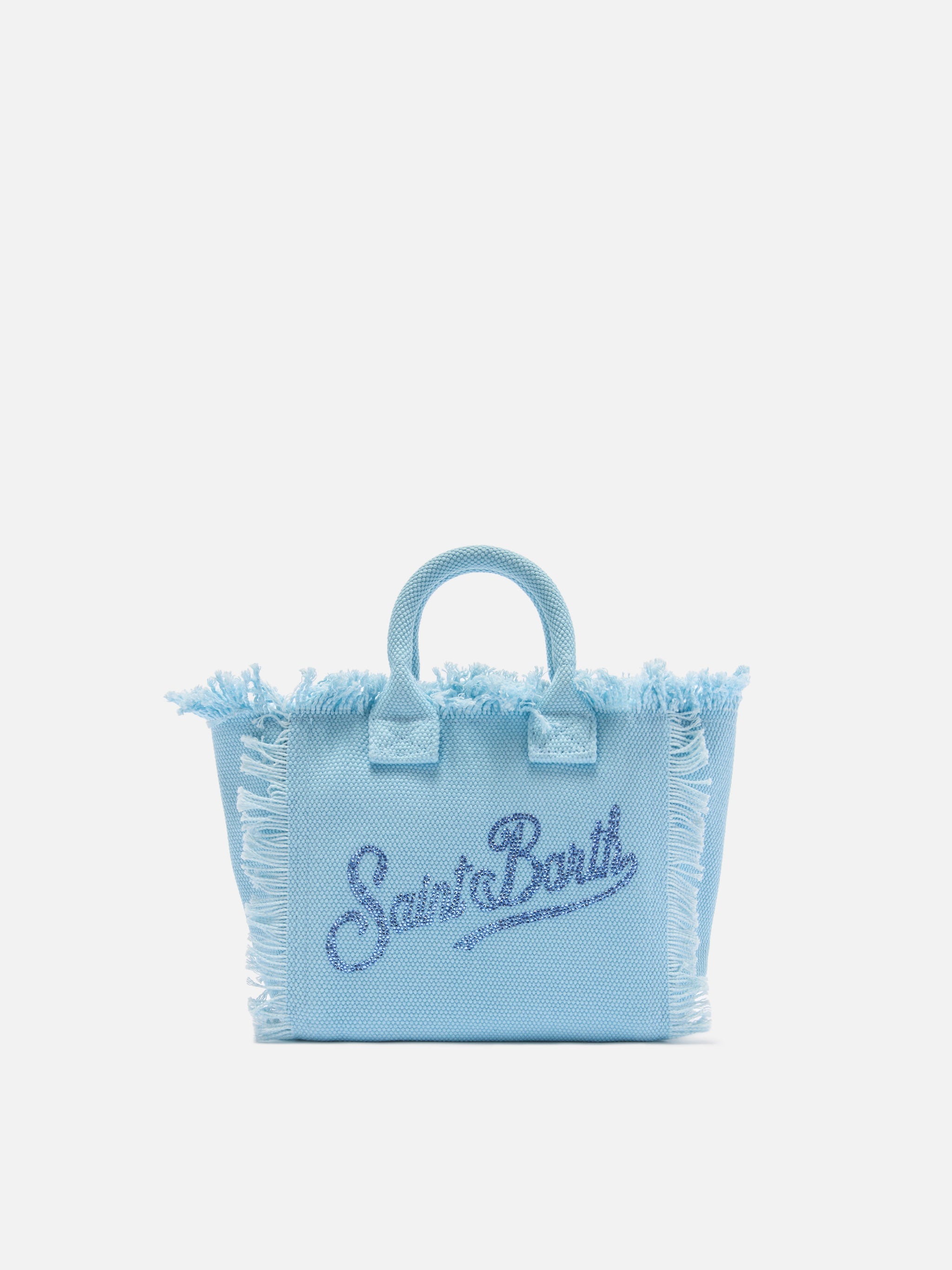 Bolso Vanity mini en lona azul con logotipo en strass