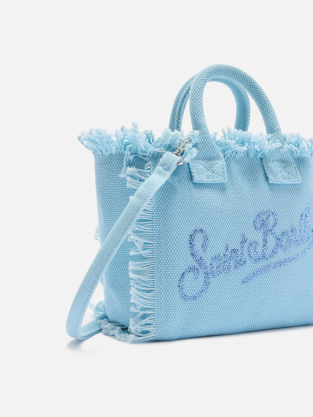Bolso Vanity mini en lona azul con logotipo en strass