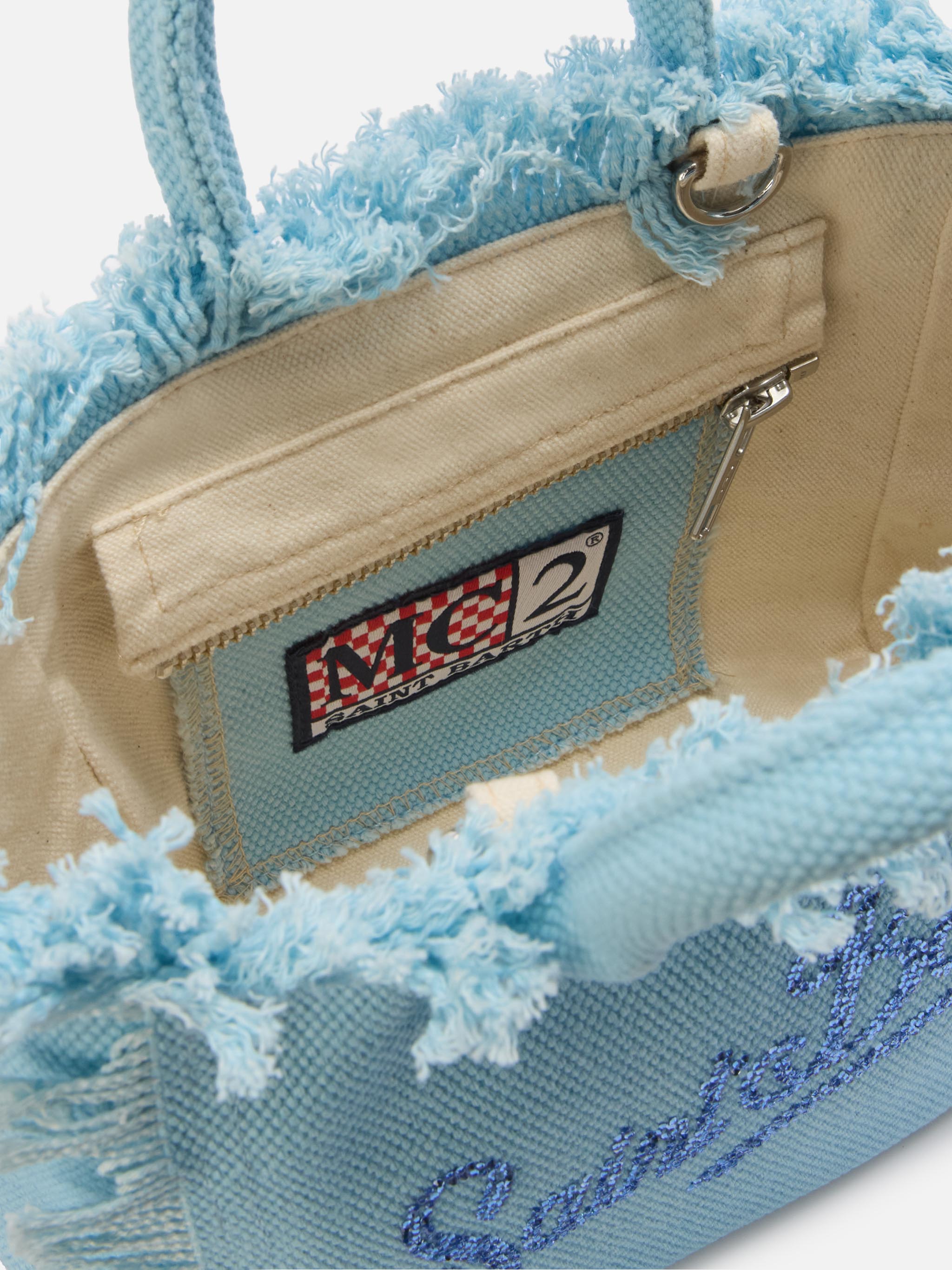 Bolso Vanity mini en lona azul con logotipo en strass