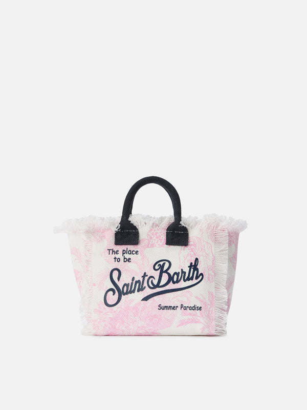 Neceser de maquillaje mini en lona con estampado toile de Jouy rosa