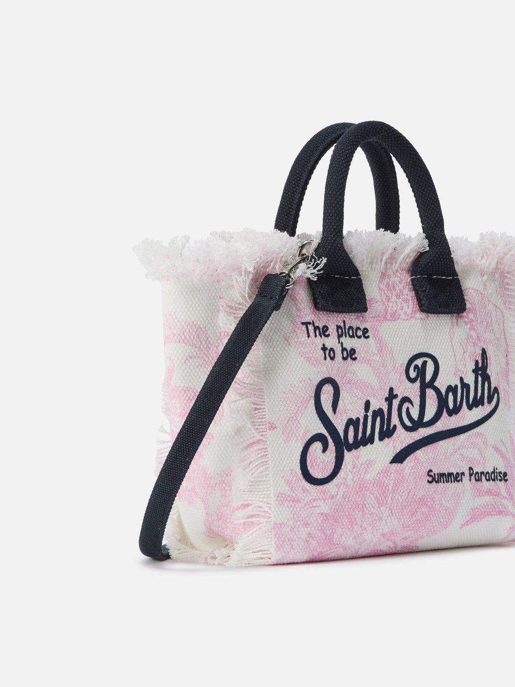 Neceser de maquillaje mini en lona con estampado toile de Jouy rosa