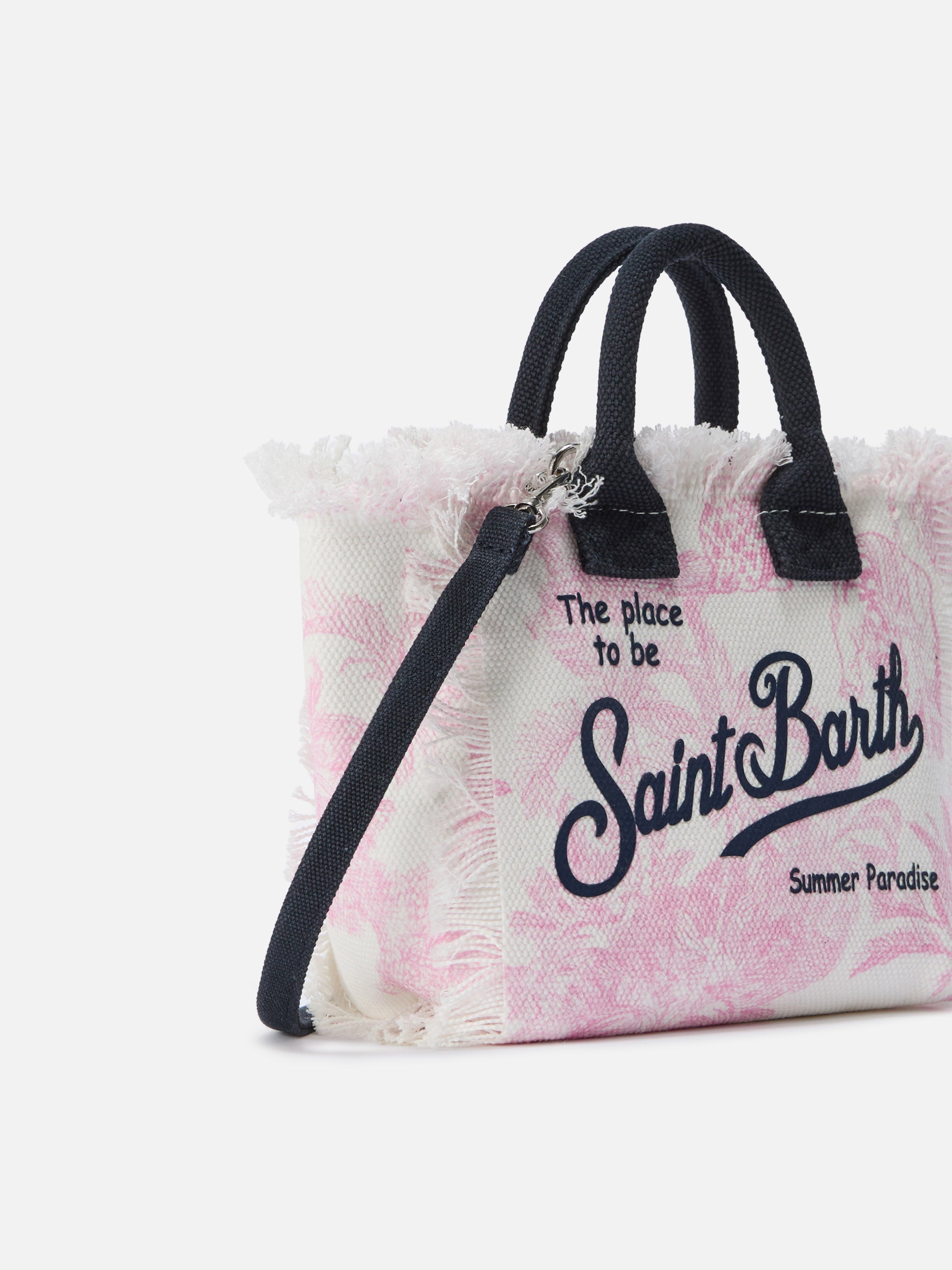 Neceser de maquillaje mini en lona con estampado toile de Jouy rosa