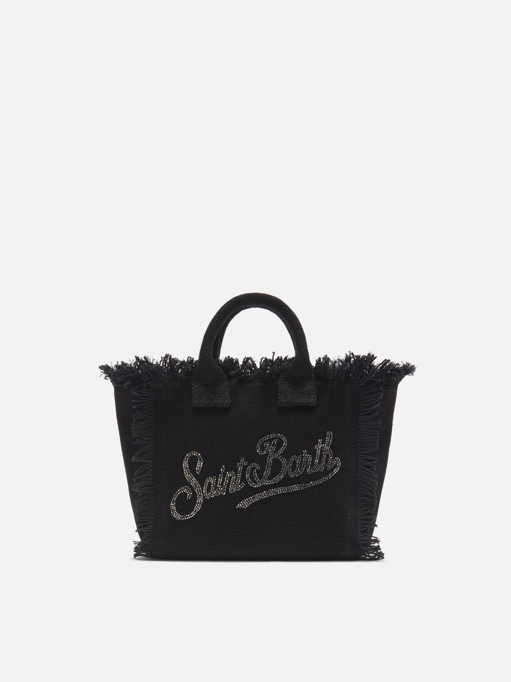 Bolso Vanity mini de lona negra con logo de strass