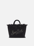 Bolso Vanity mini de lona negra con logo de strass
