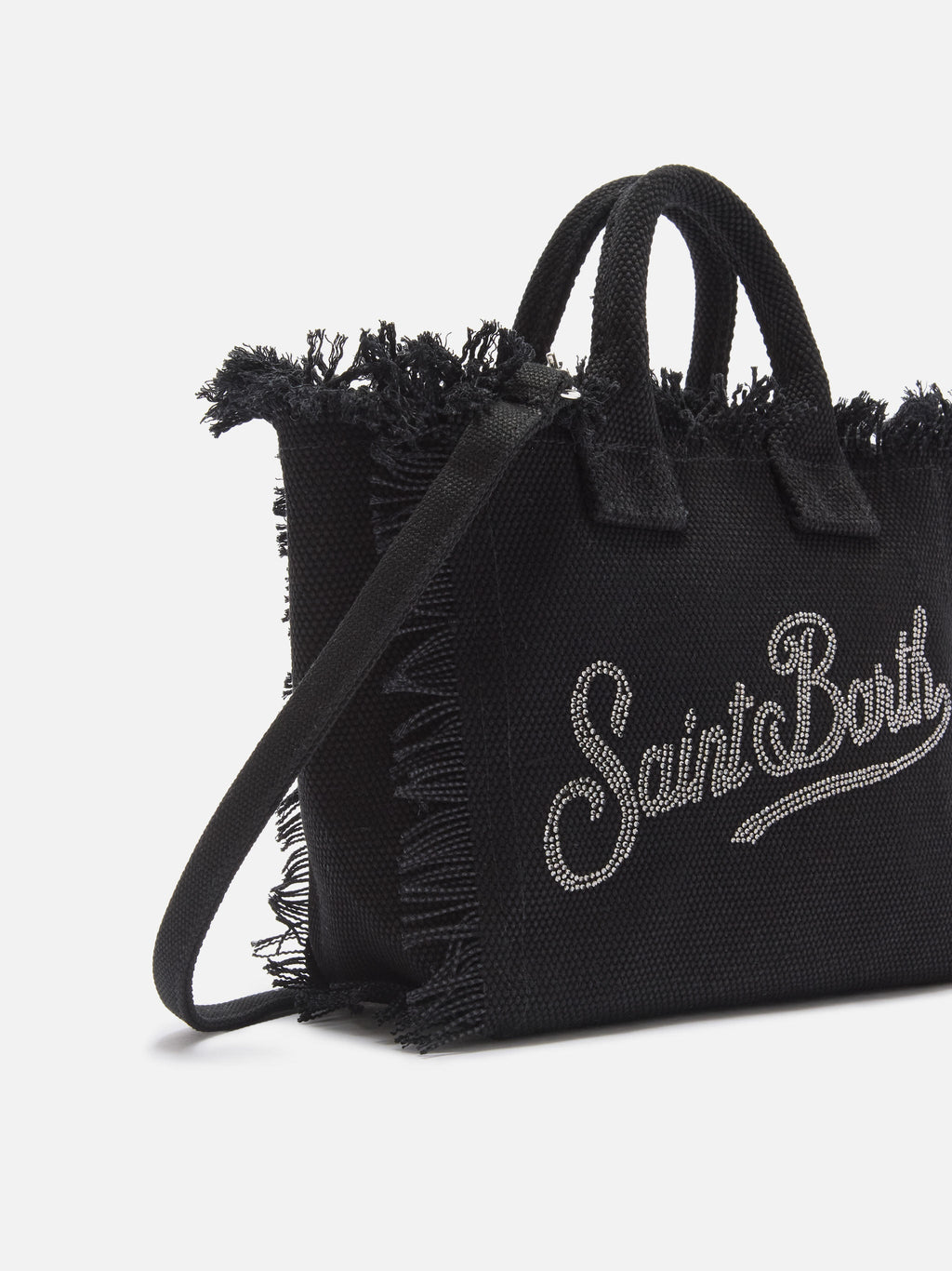 Bolso Vanity mini de lona negra con logo de strass