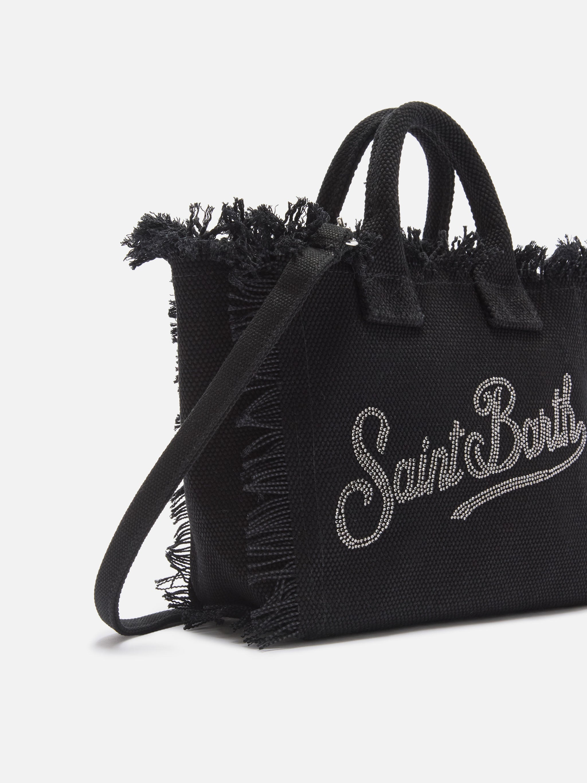 Bolso Vanity mini de lona negra con logo de strass