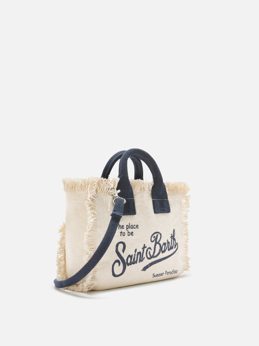 Bolso Vanity mini en lona blanca con detalles azules