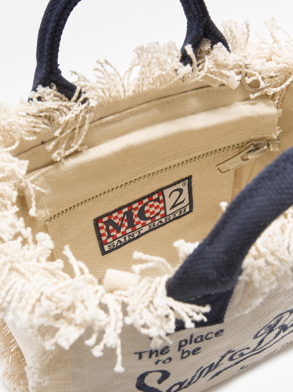 Bolso Vanity mini en lona blanca con detalles azules