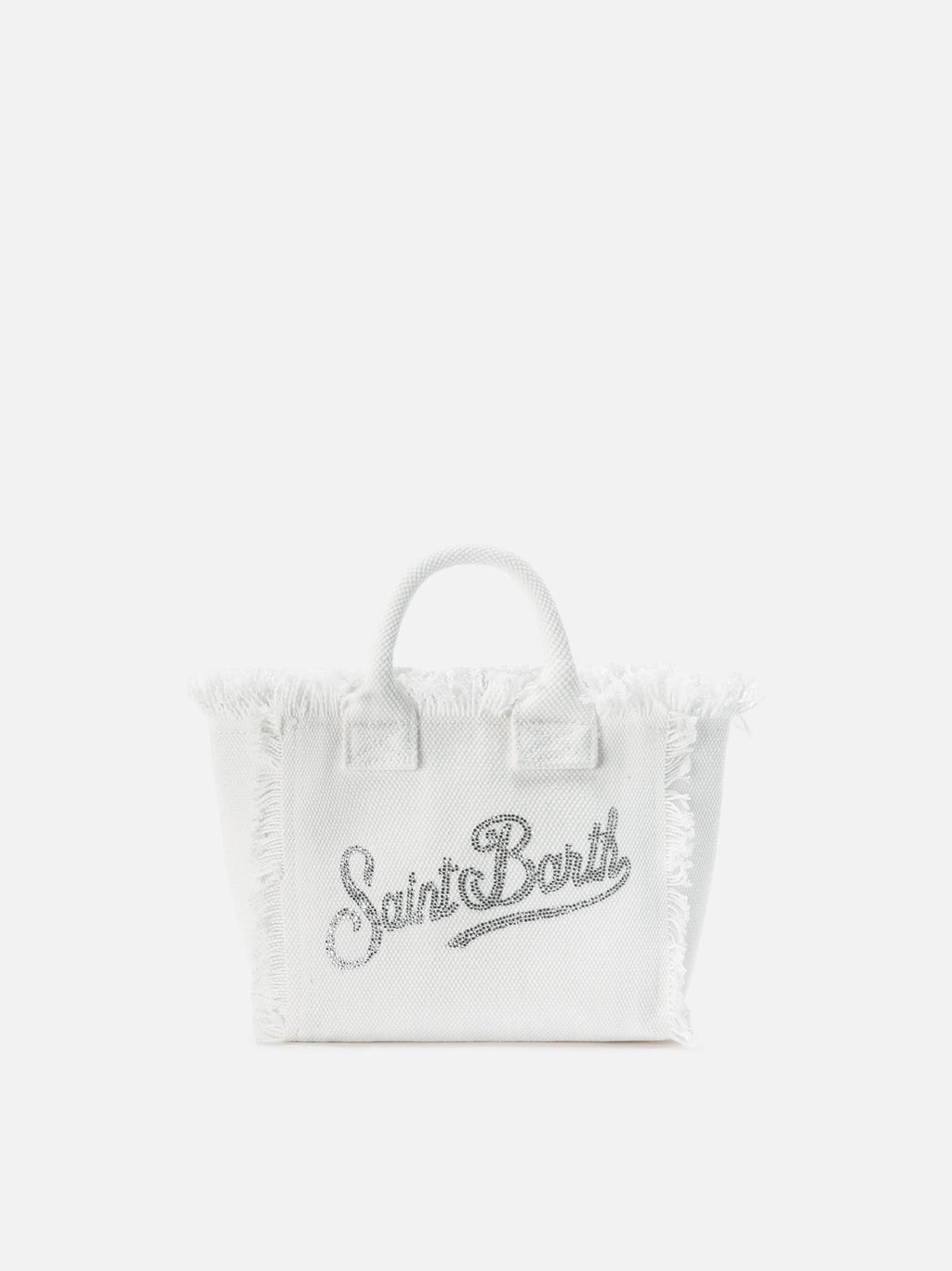 Bolso Vanity mini en lona blanca con logo de strass