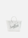 Bolso Vanity mini en lona blanca con logo de strass
