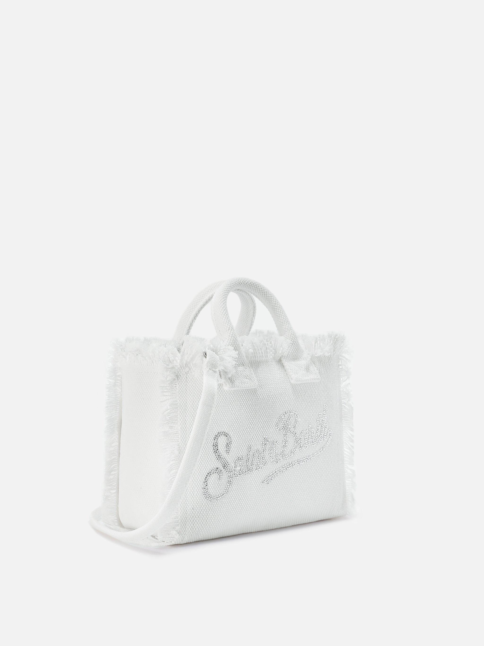 Bolso Vanity mini en lona blanca con logo de strass